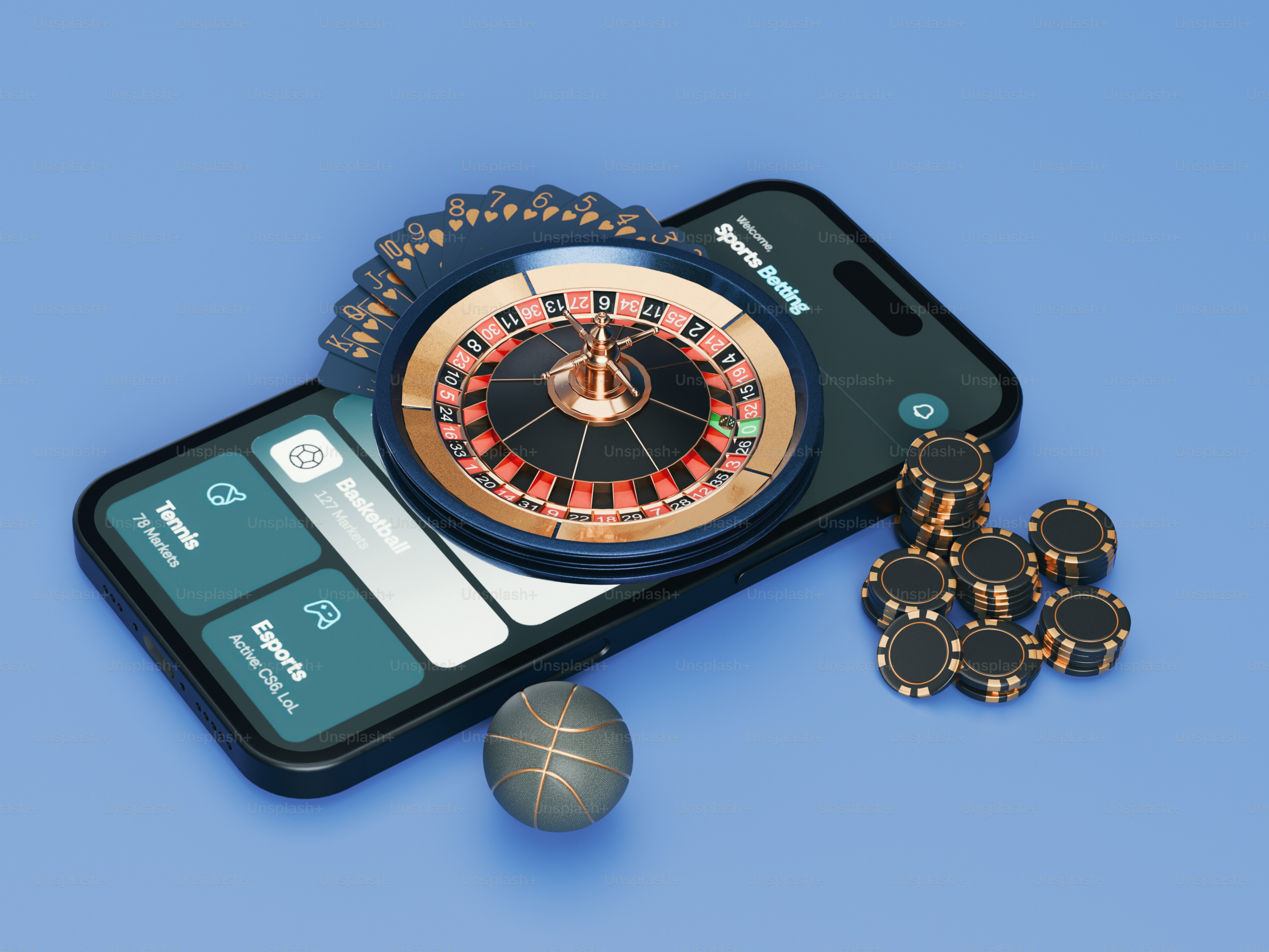 Smartphone displaying roulette wheel, casino chips, and a ball.