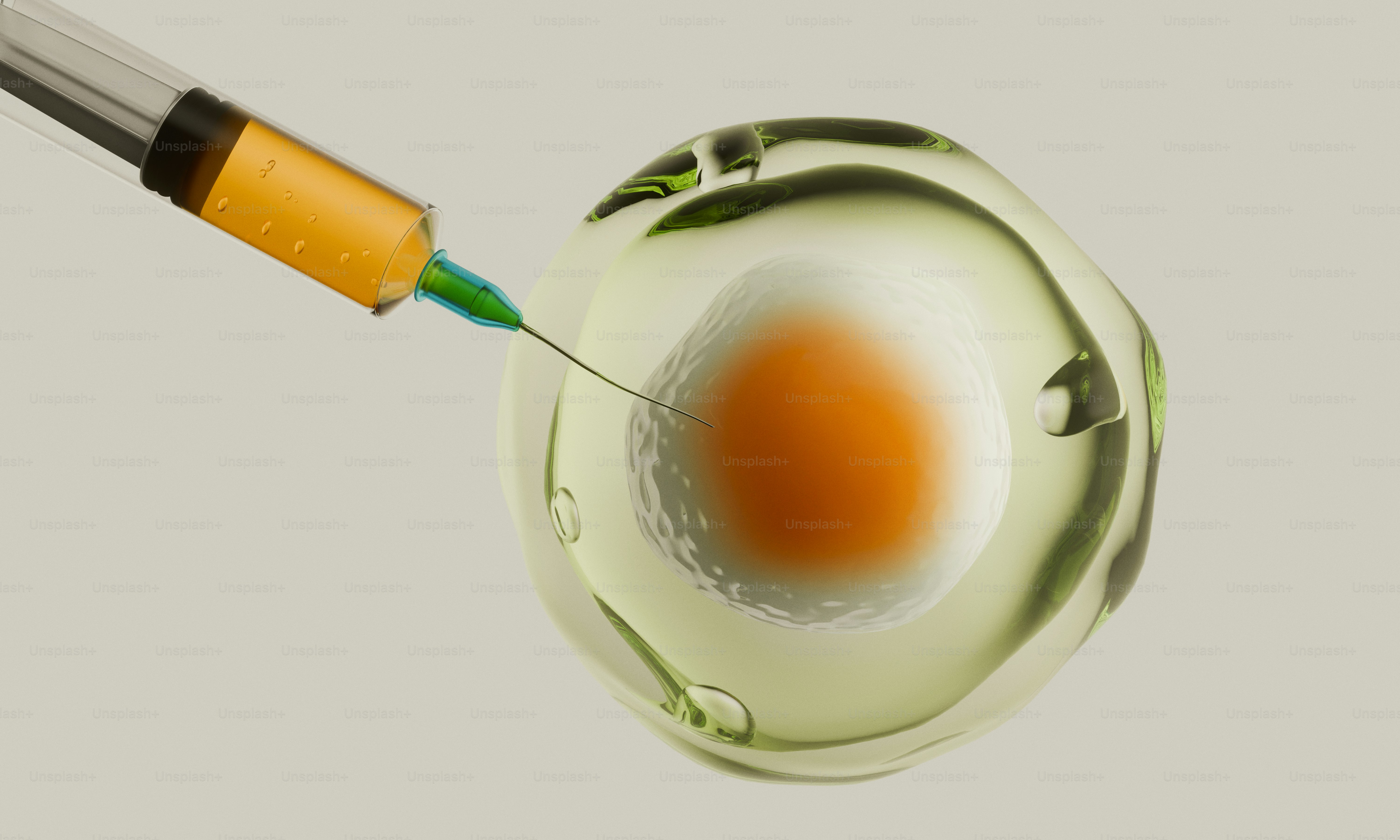 Syringe injecting yellow substance into a cell.