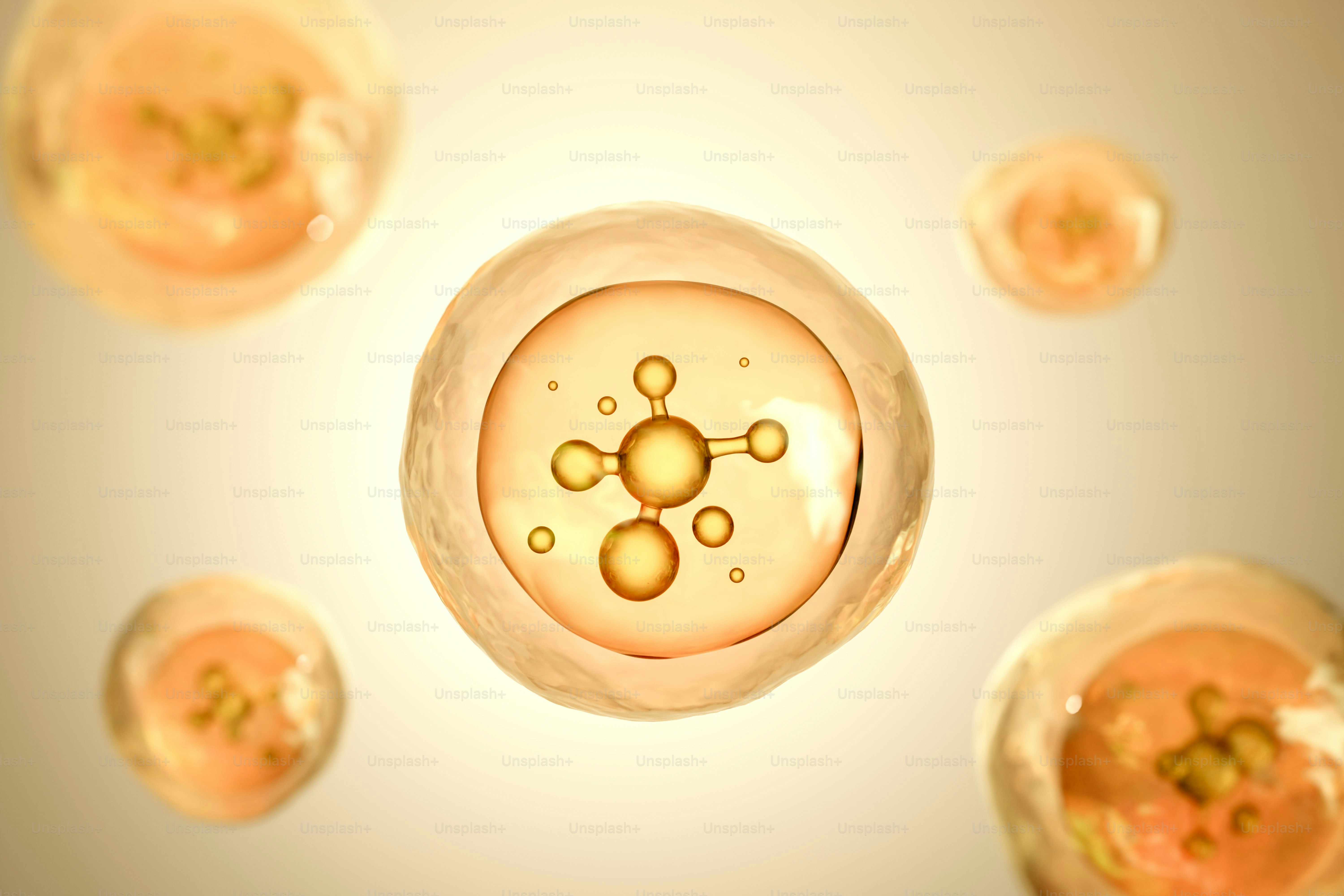 Golden translucent cells with internal molecular structures.