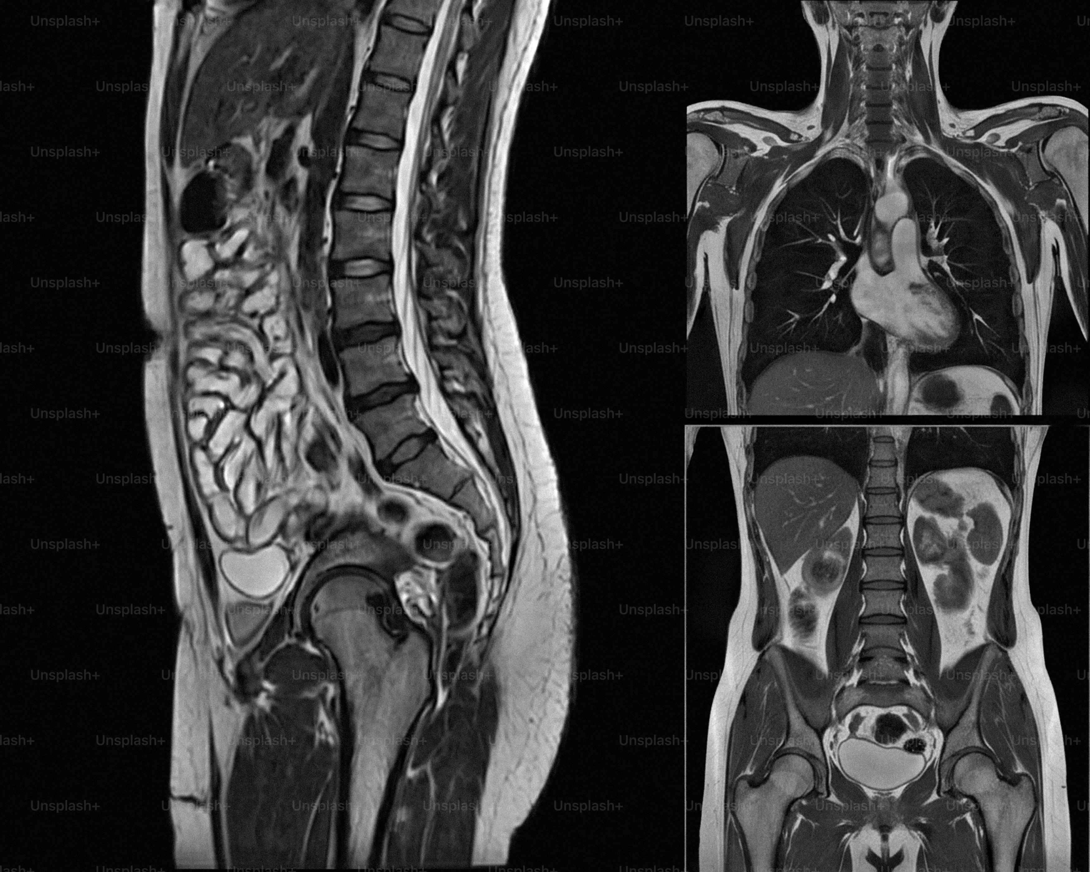 Three distinct mri views of the human torso.