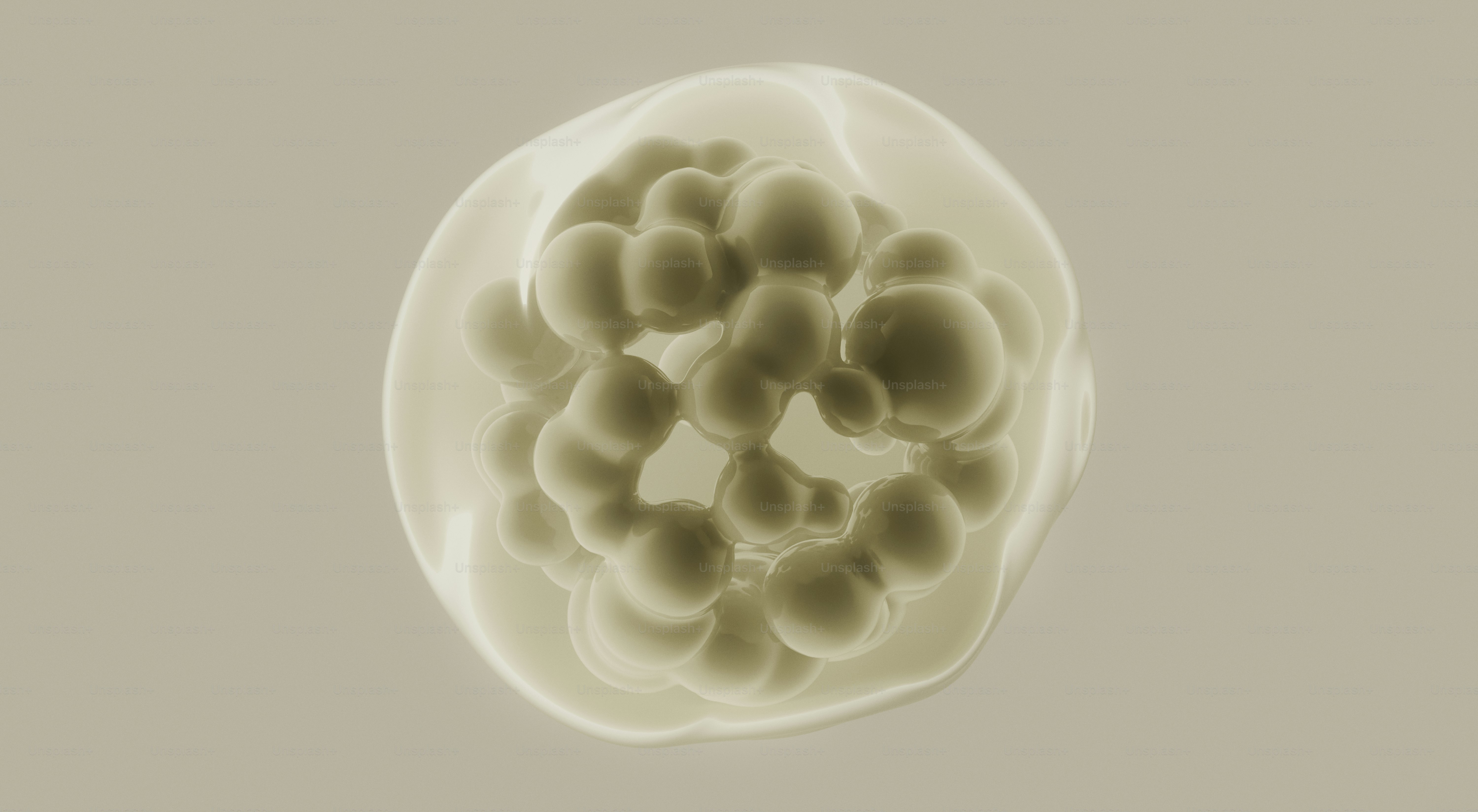 Translucent sphere containing many smaller opaque spheres.