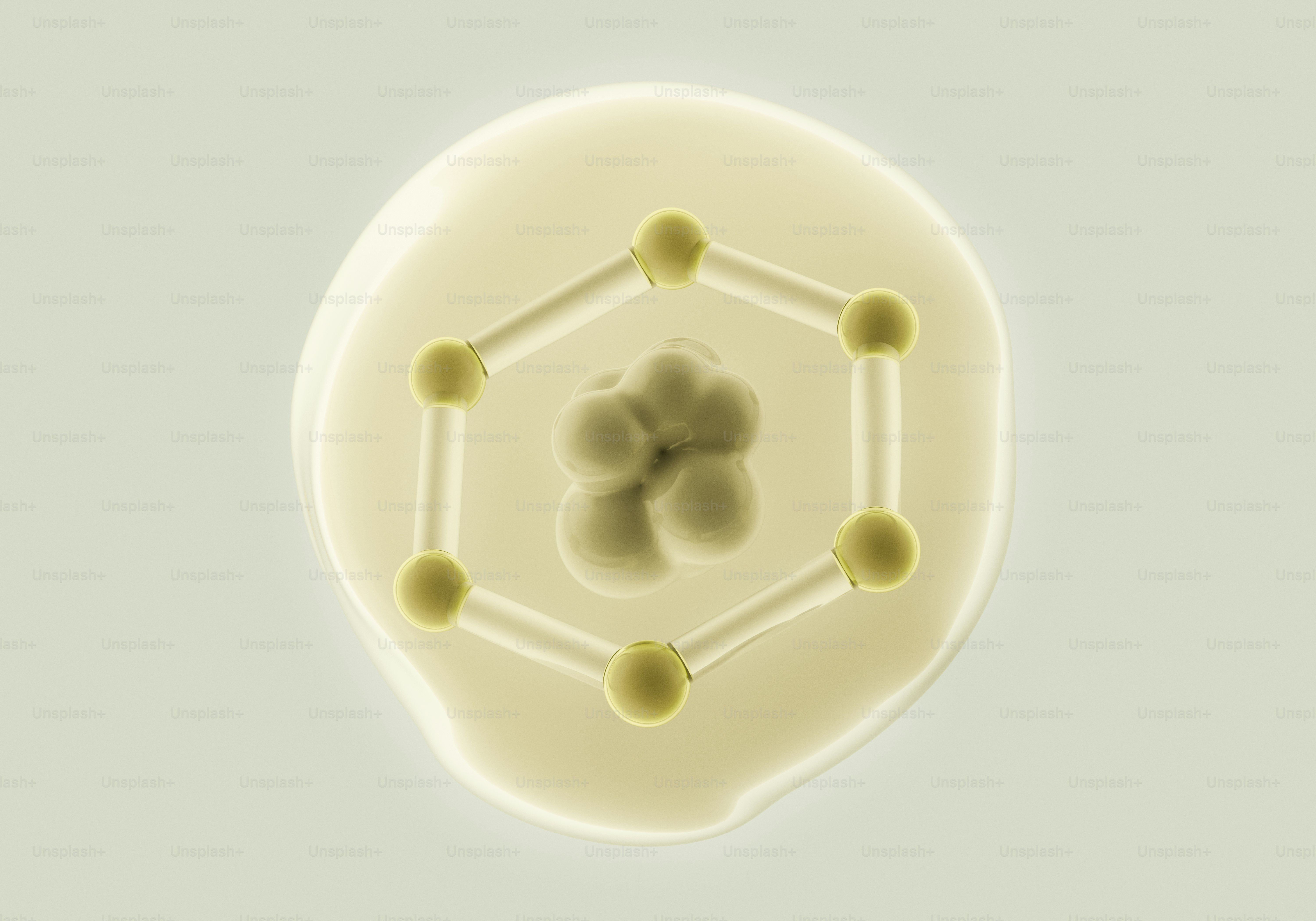Abstract molecular structure with hexagonal frame and central cluster.