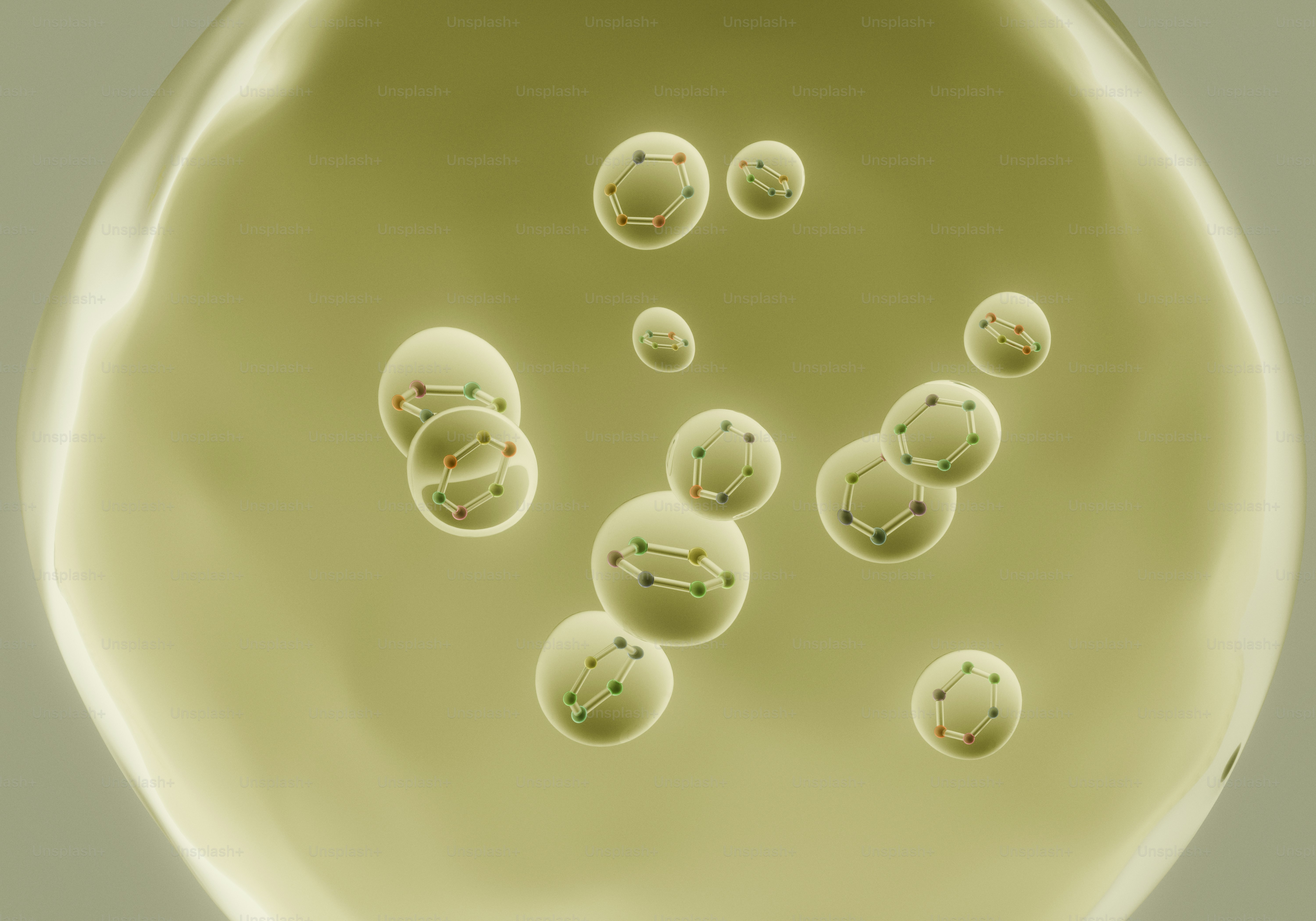 A large translucent blob contains smaller spheres with dots.