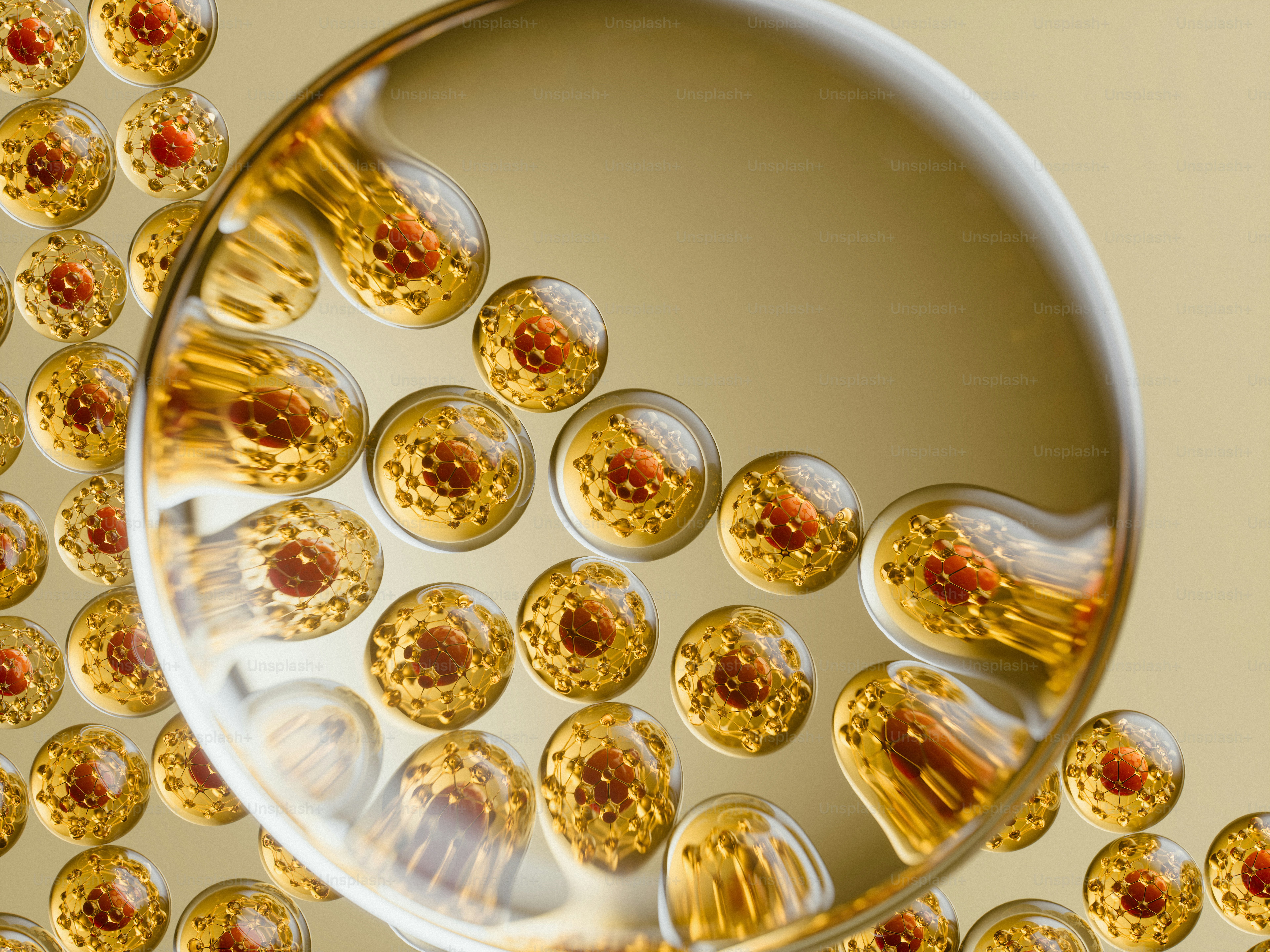 Golden spheres magnified through a clear, large drop