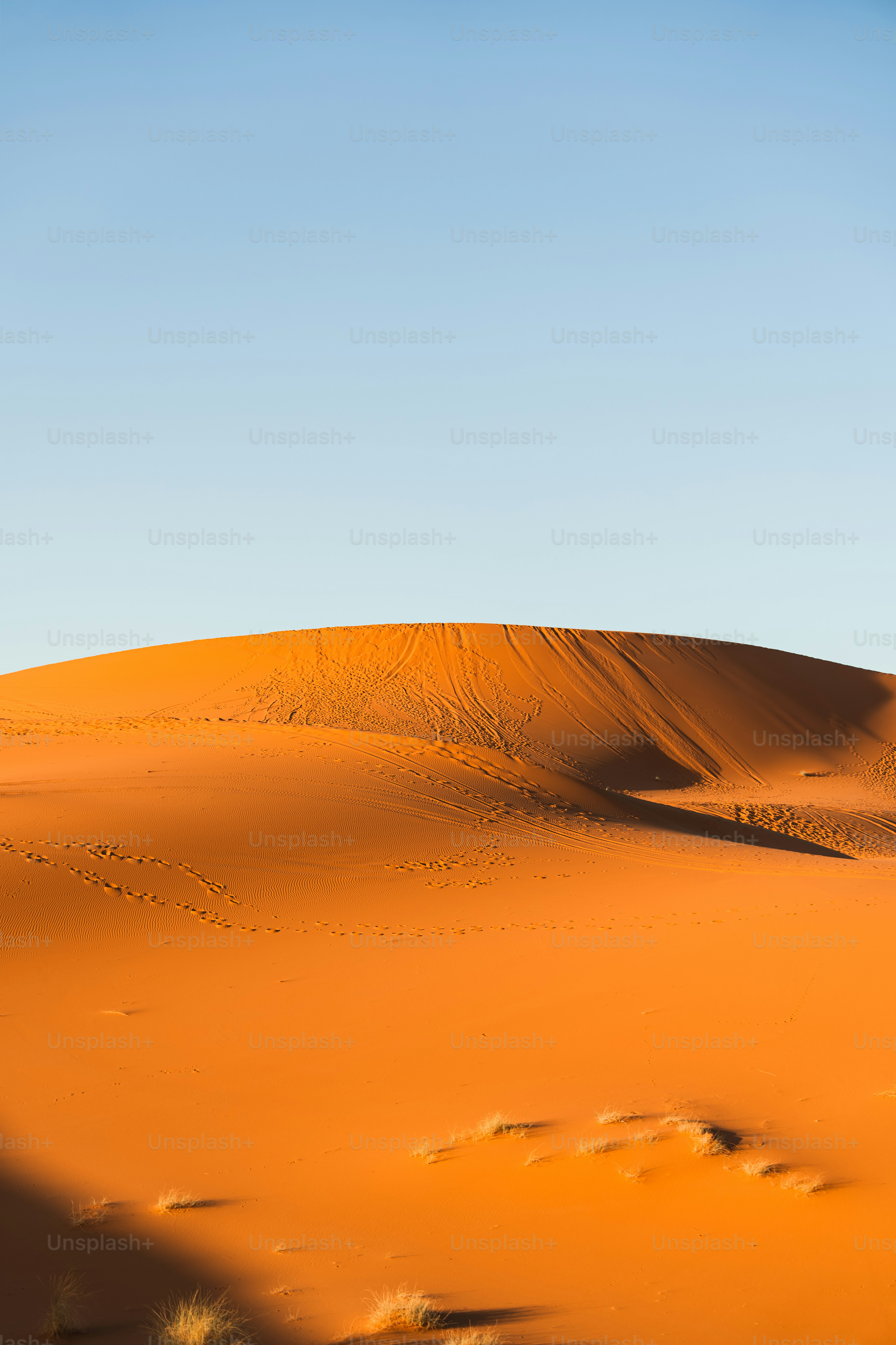 Orange desert dunes under a clear blue sky.
