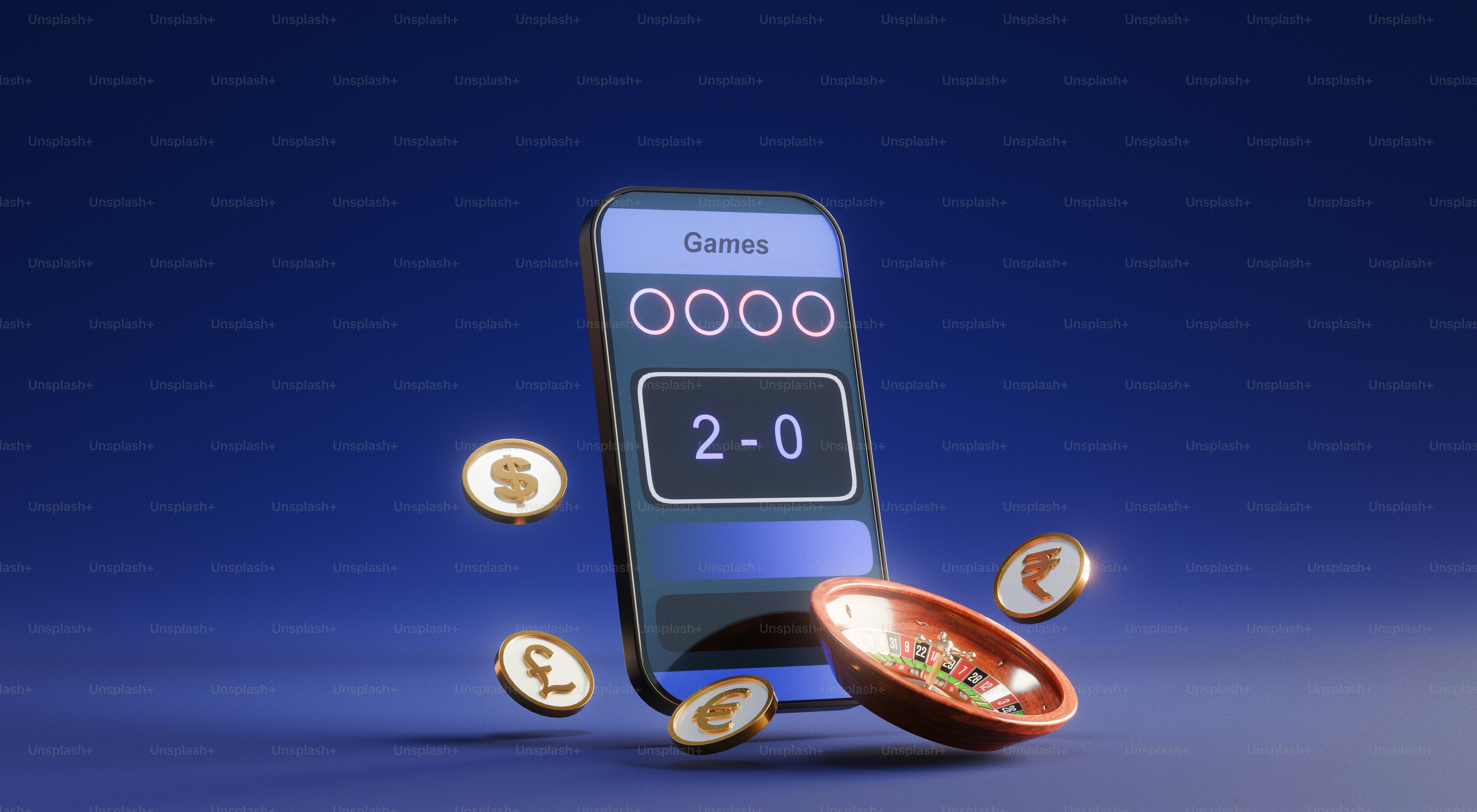 휴대폰이 다양한 화폐 동전으로 2-0 점수를 표시하고 있습니다.