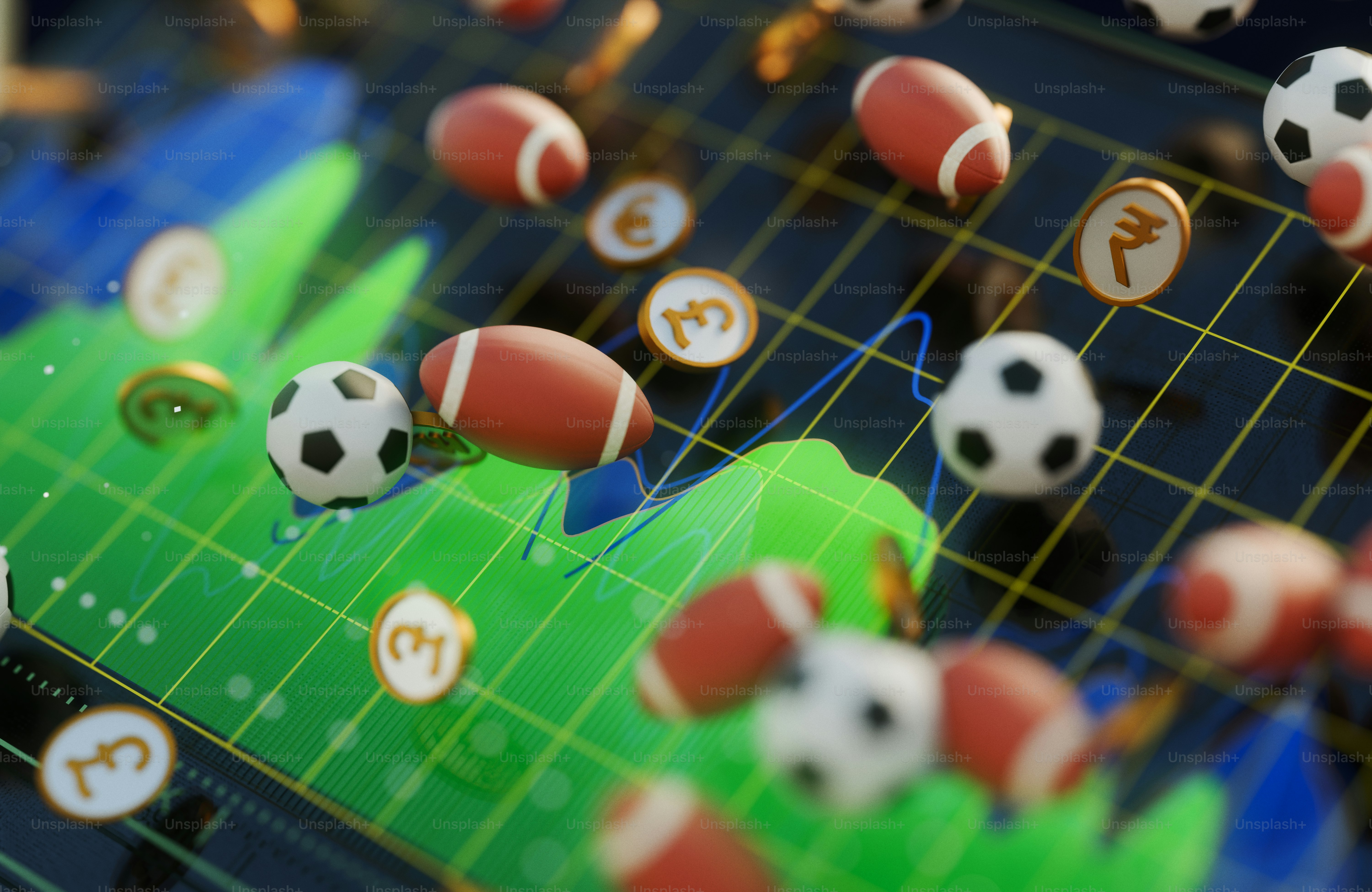 Bola olahraga dan simbol mata uang mengambang di atas grafik keuangan.