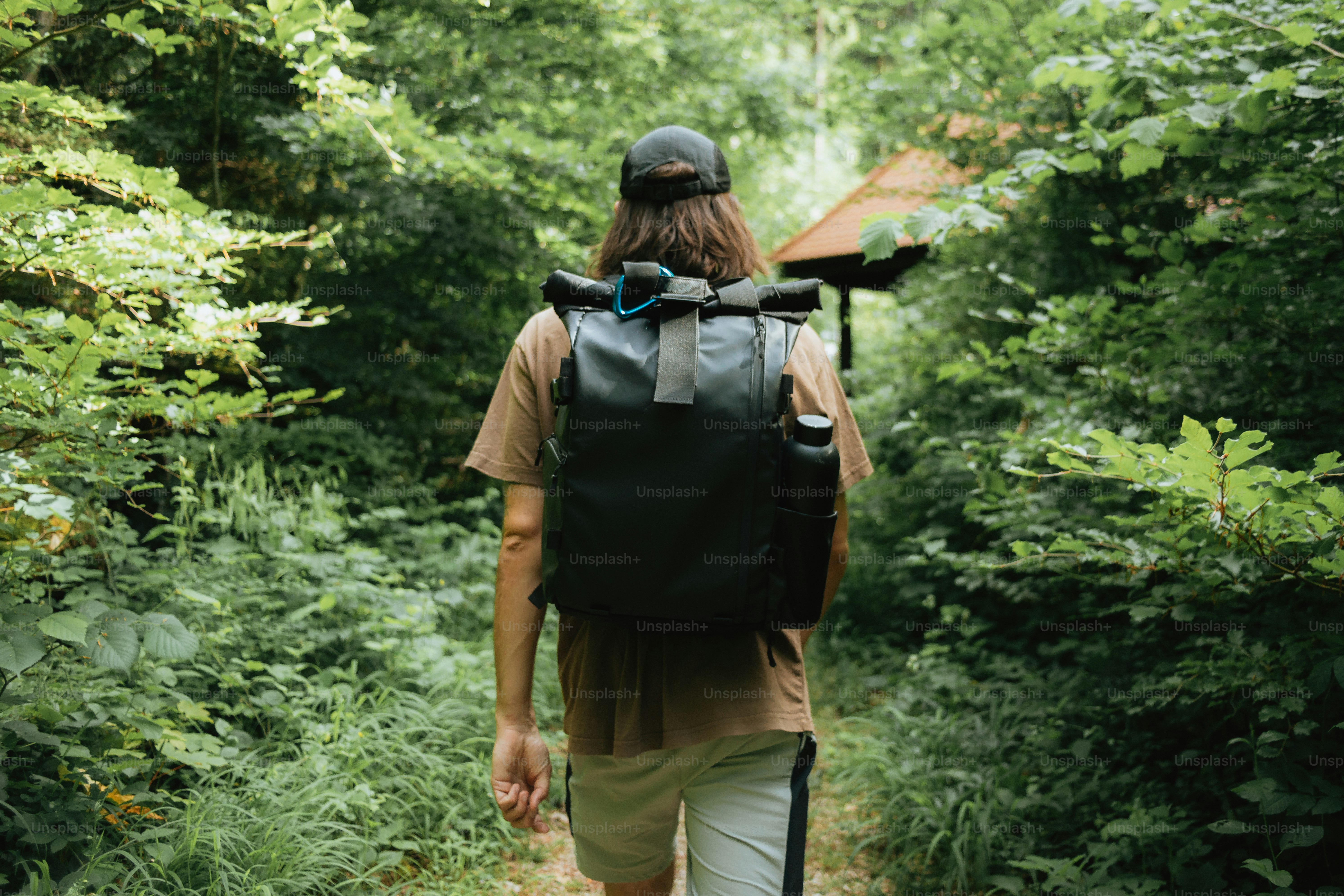 Hiker with backpack walks through a lush green forest.