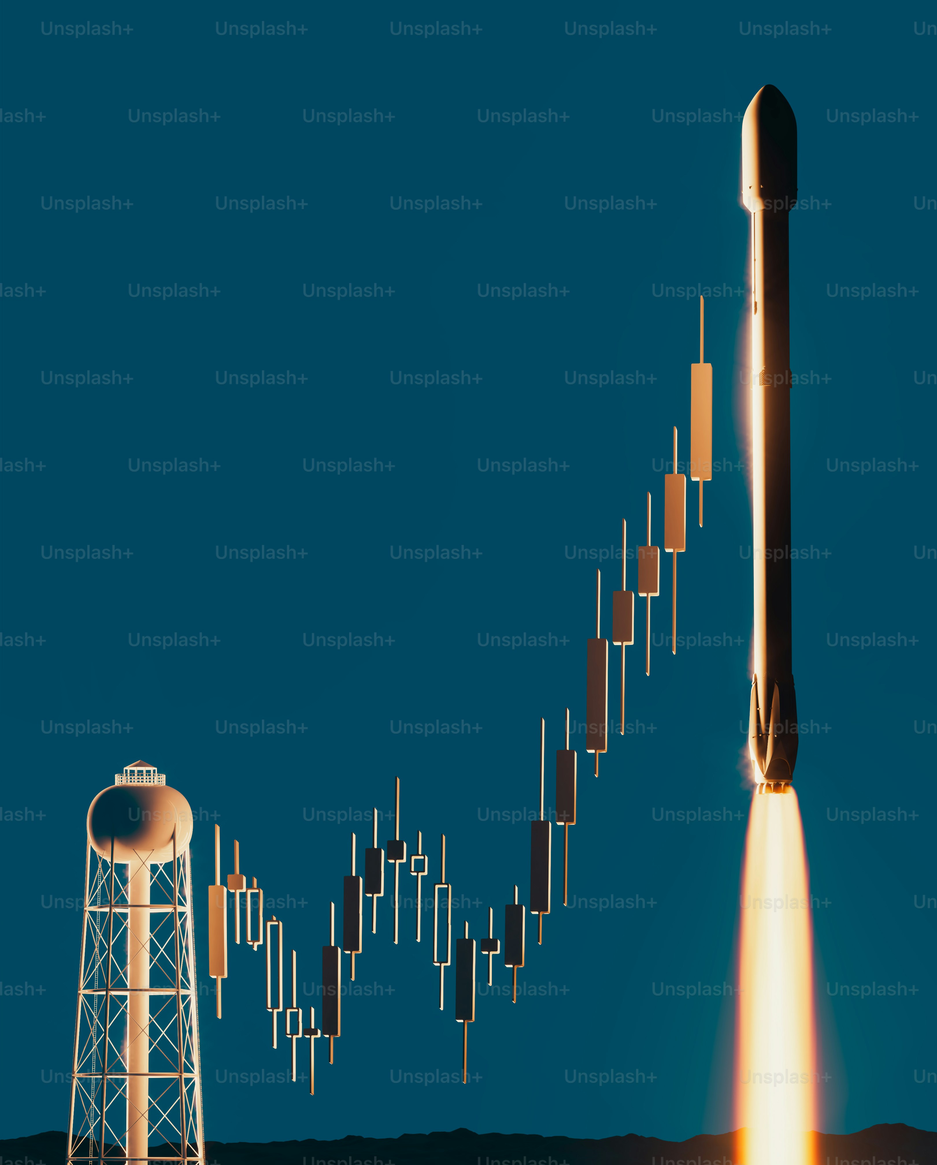 Rocket diluncurkan di samping grafik keuangan yang sedang tren naik.