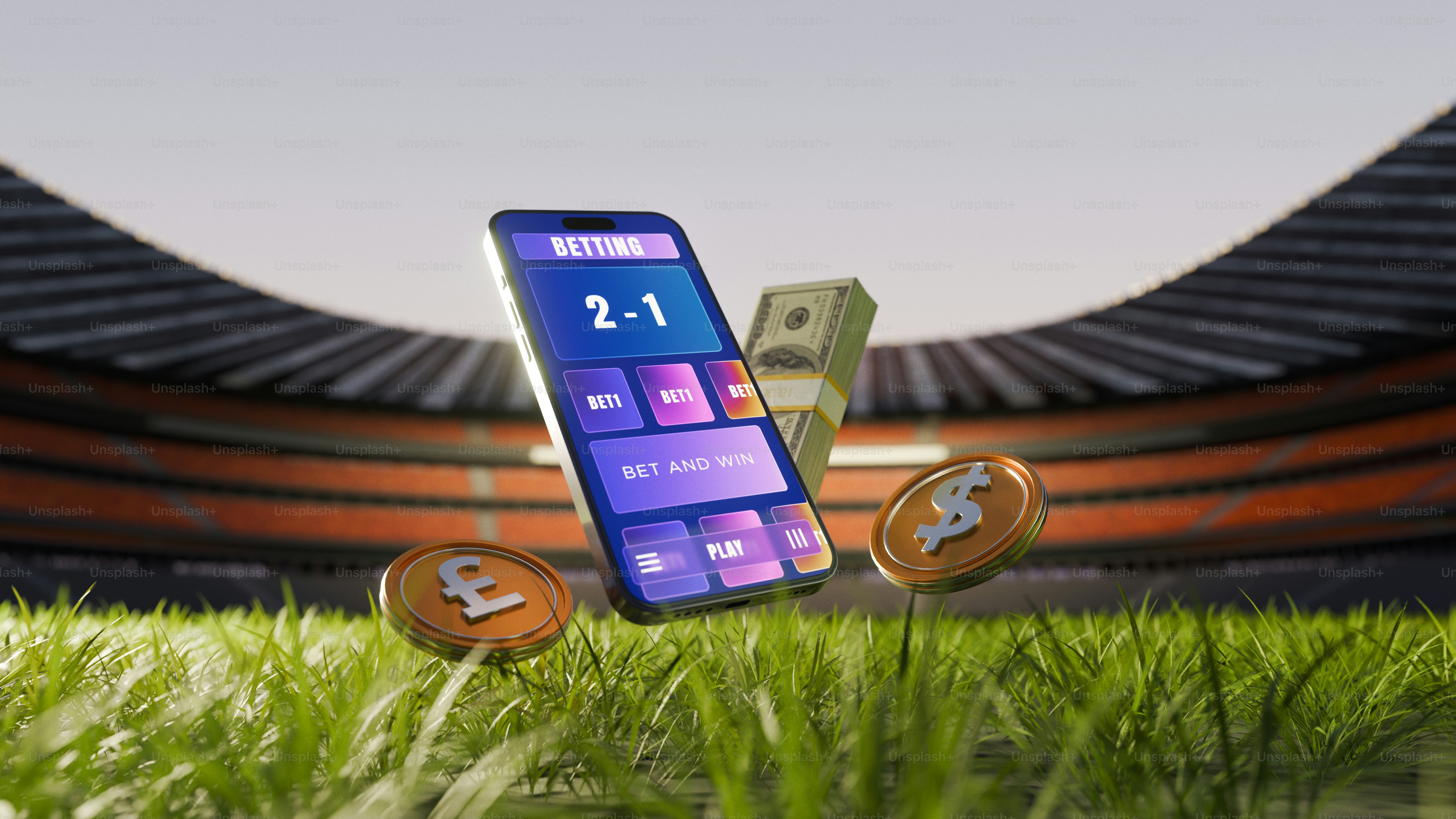 Betting app on smartphone, money, and stadium background.