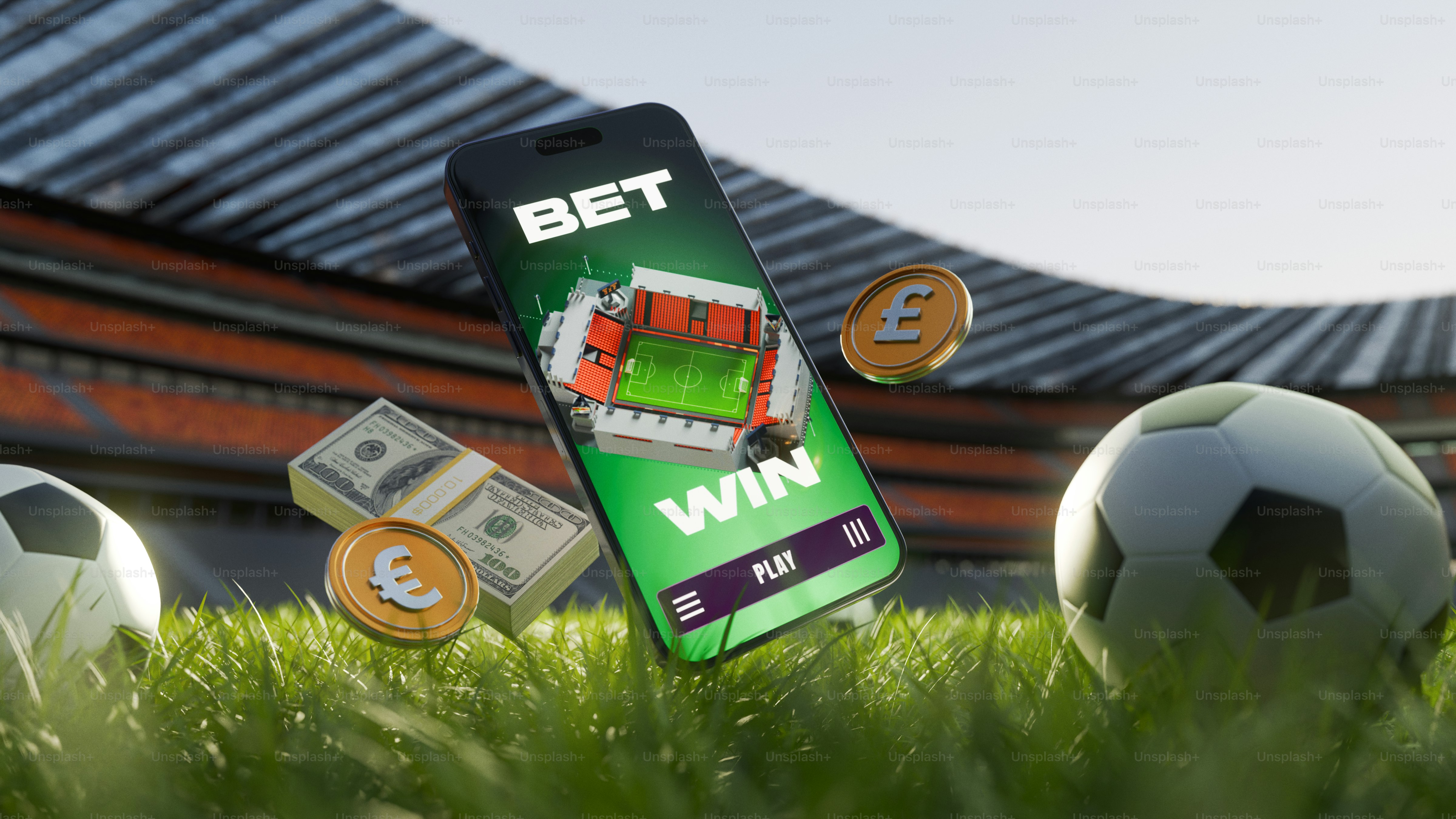 Mobile betting app, money, and soccer balls on a field.