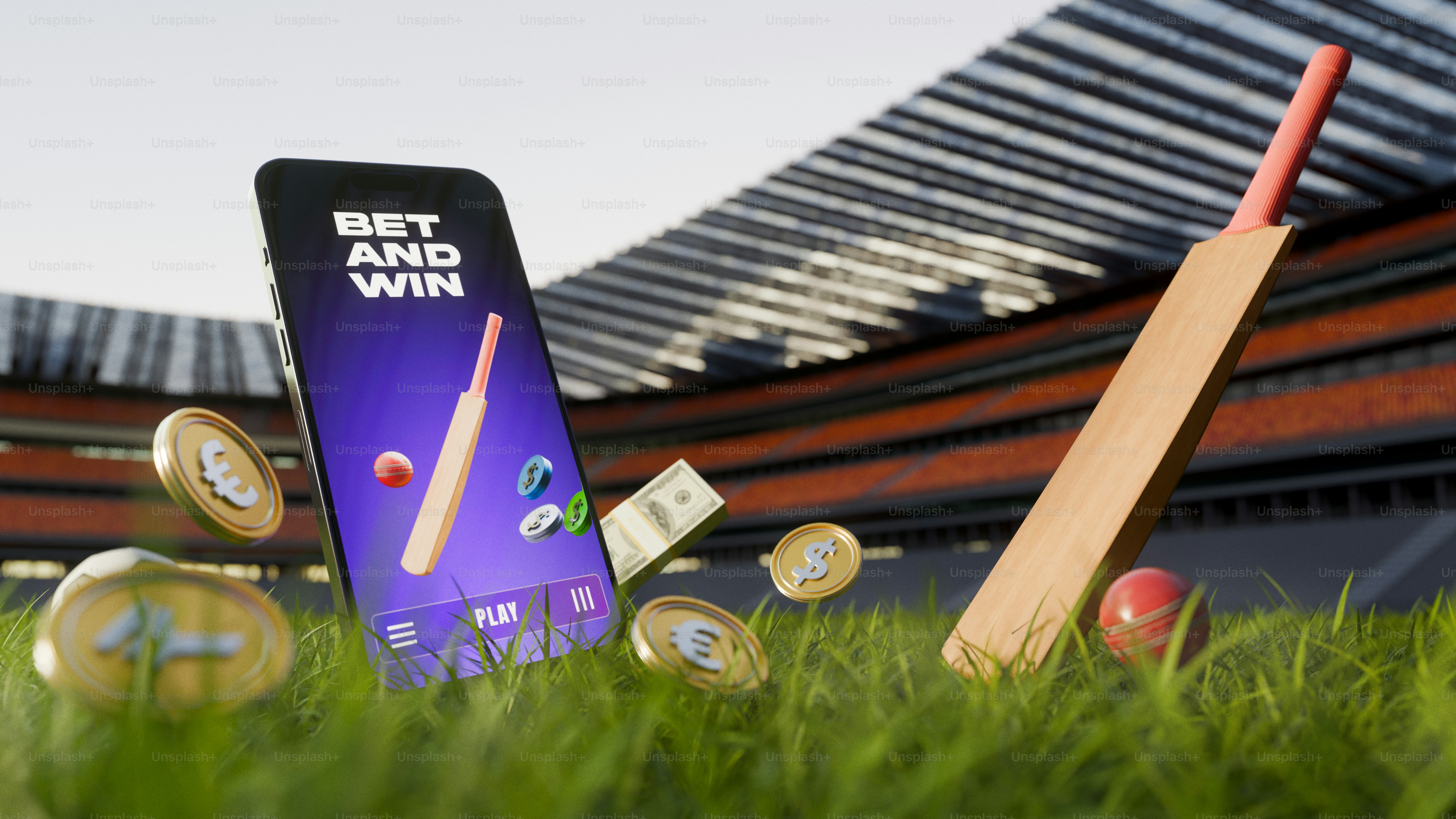 Online cricket betting app with bat, ball, and money.