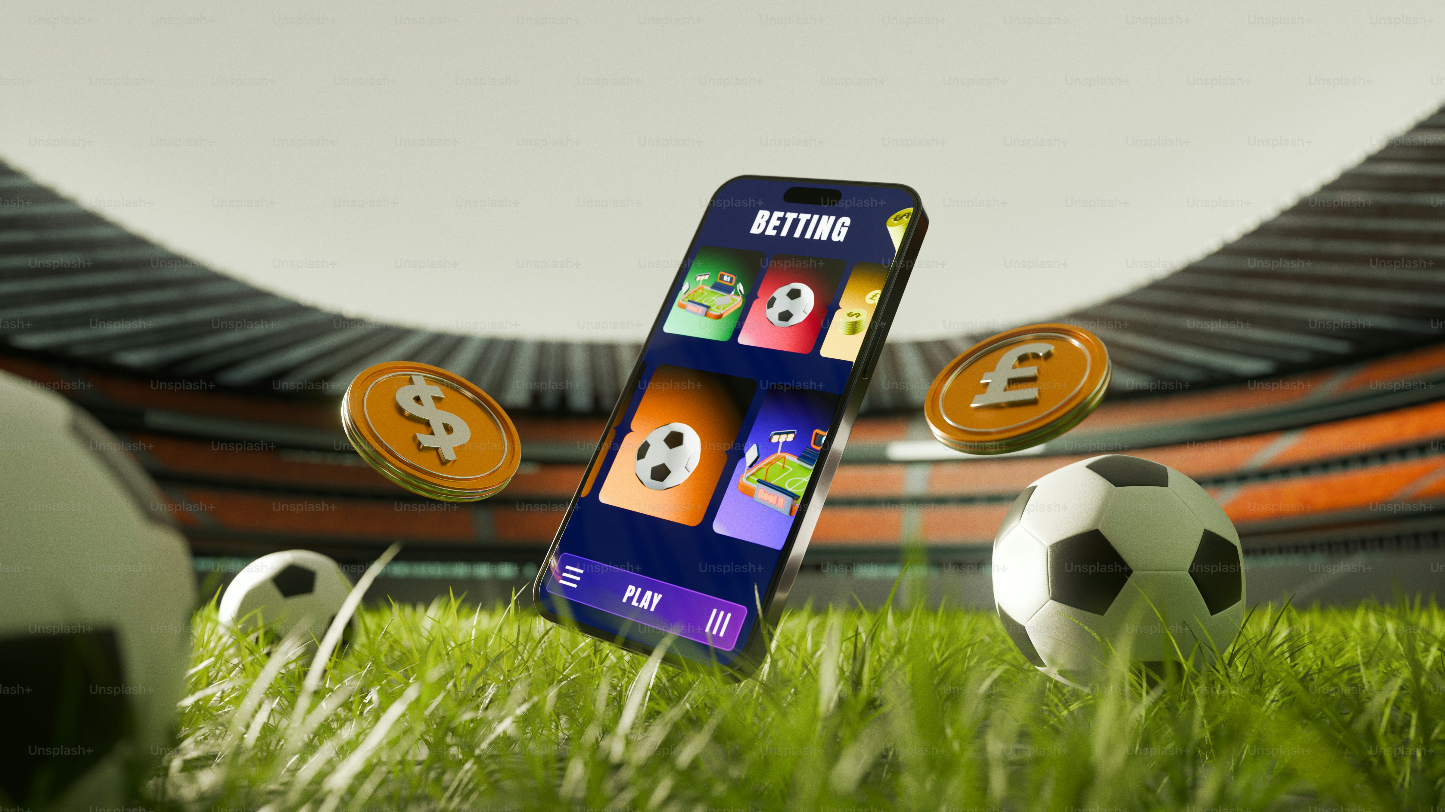 Smartphone with betting app, soccer balls, and coins on grass.