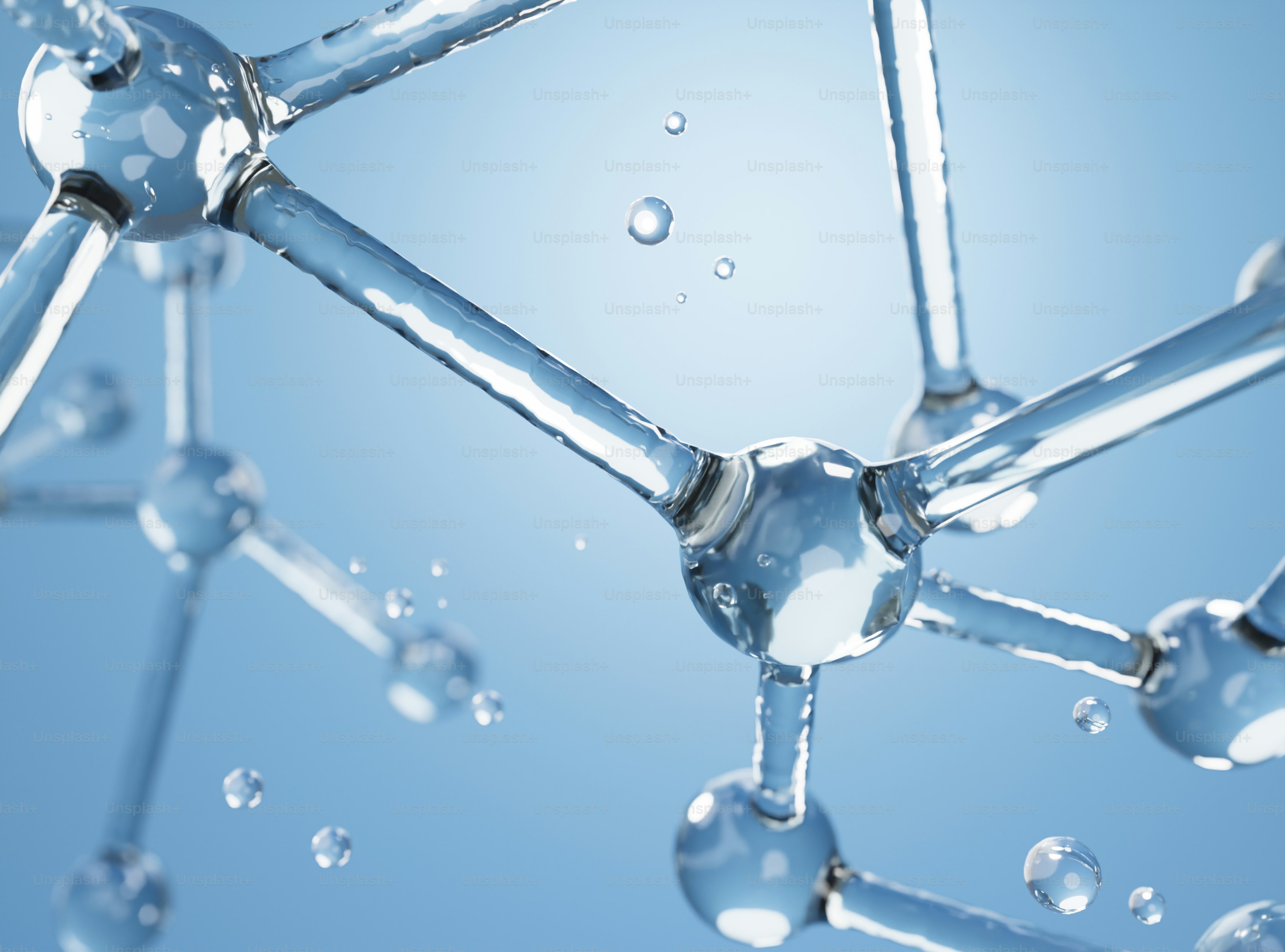 Struttura molecolare chiara con gocce d'acqua su uno sfondo blu.