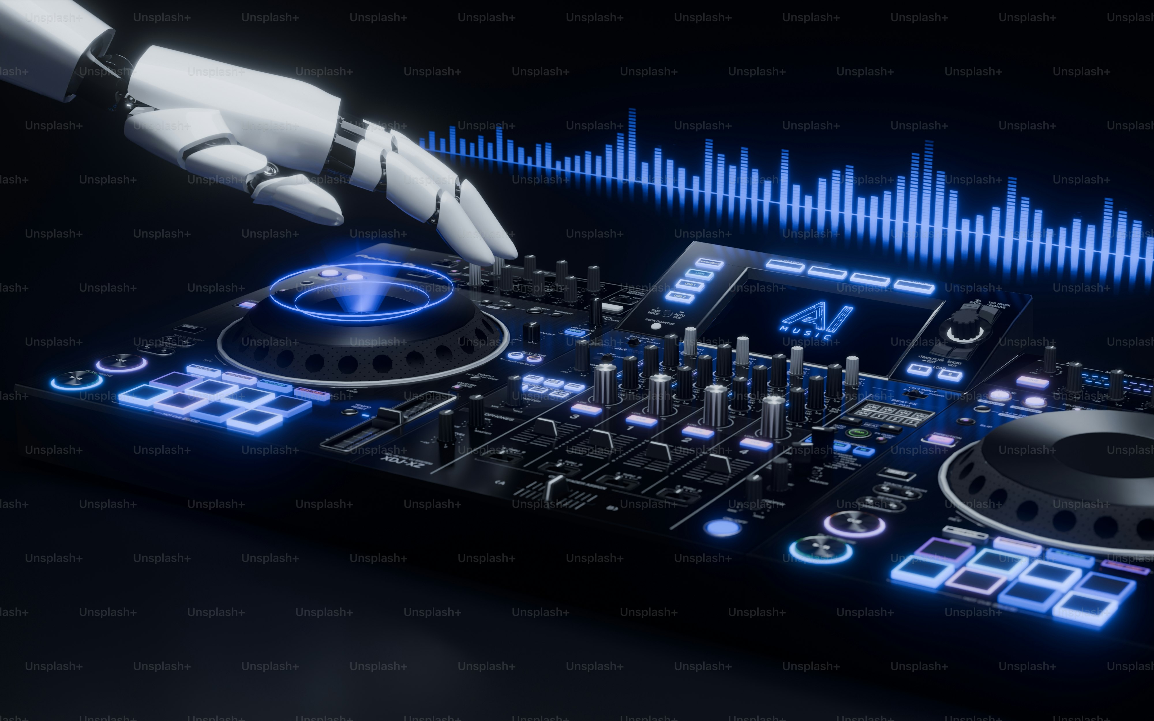 빛나는 AI DJ 컨트롤러로 로봇 손으로 음악을 믹싱하는 느낌