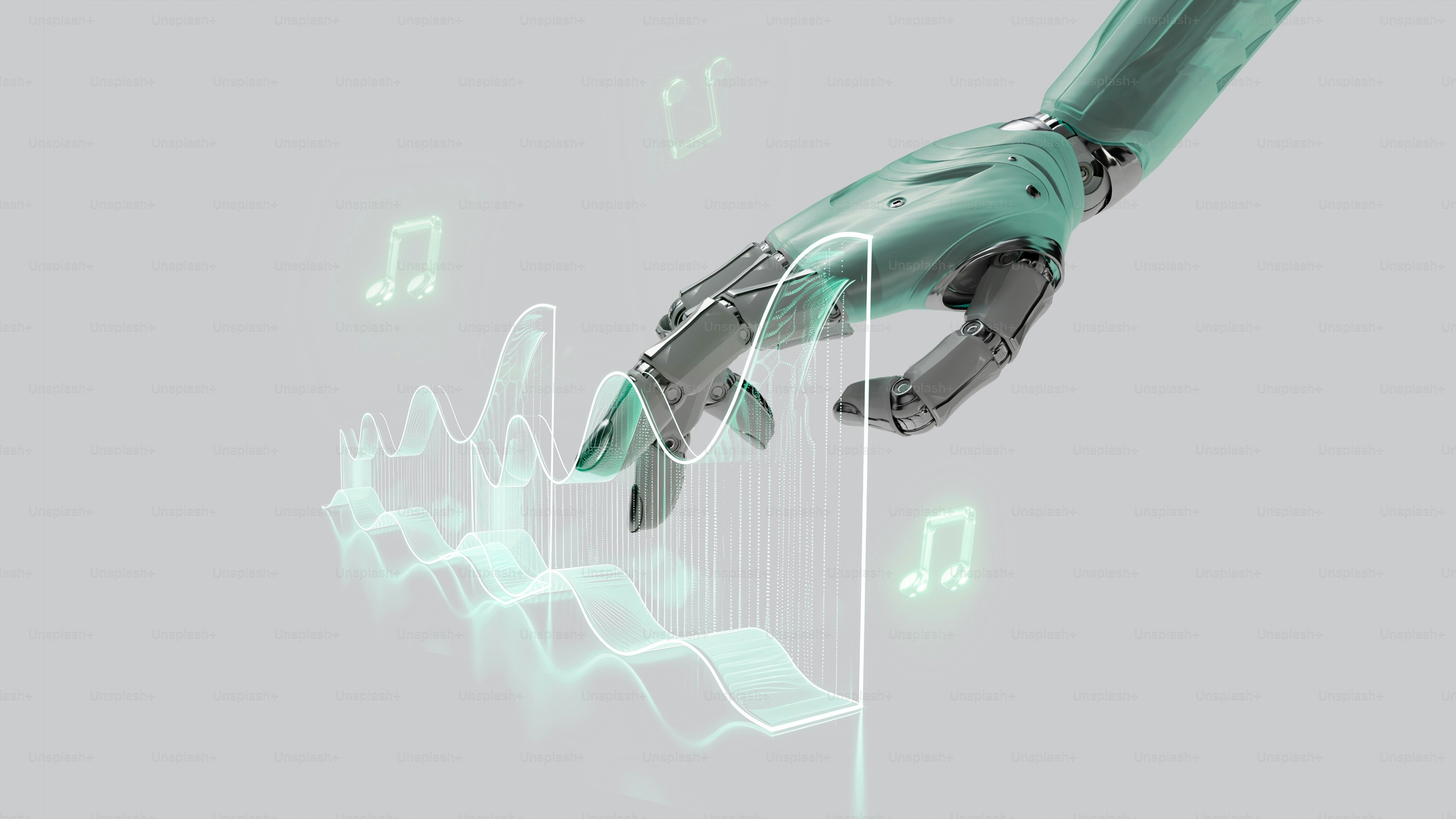 Mano robotica che interagisce con note musicali luminose e onde sonore.