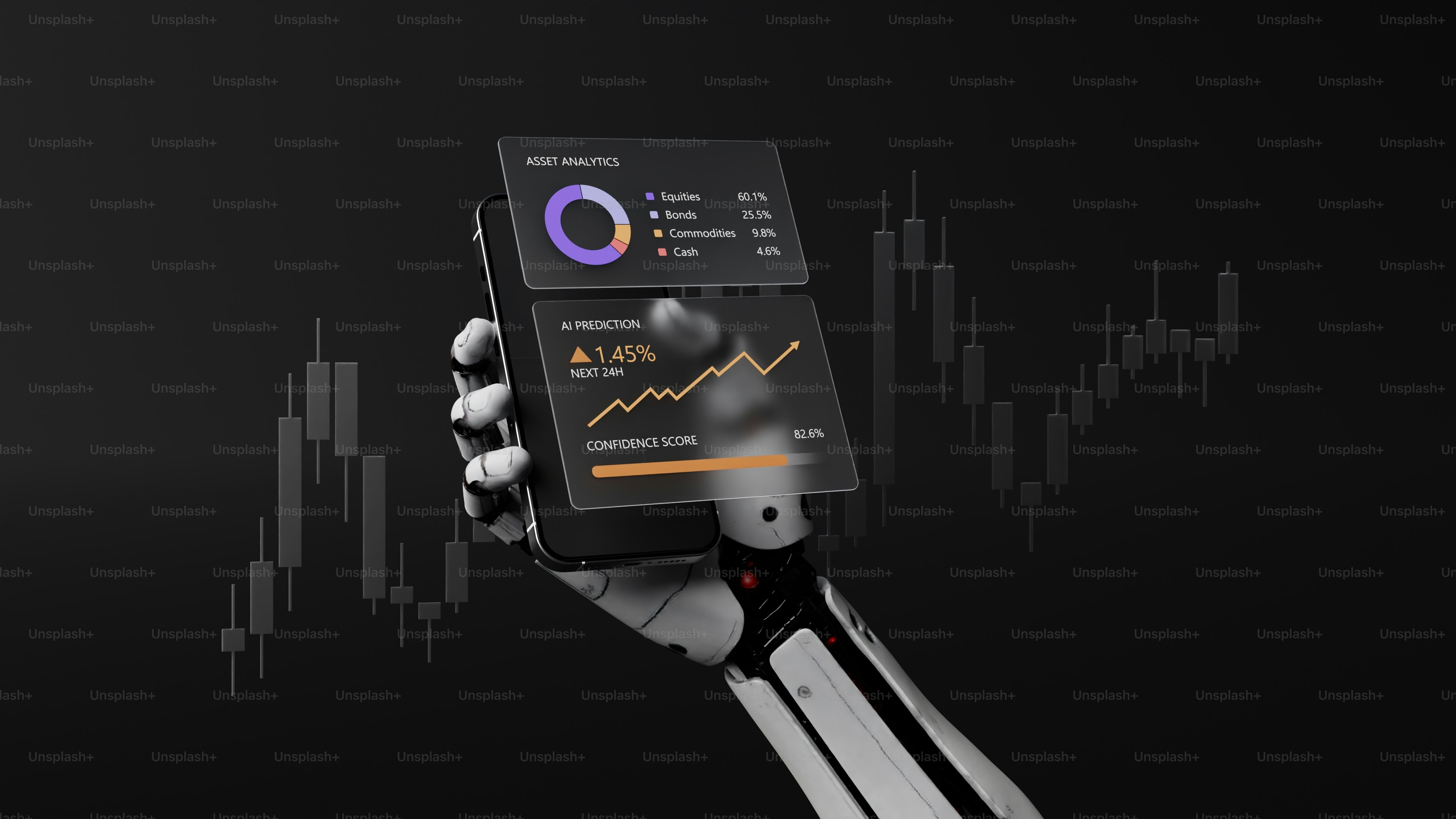 Main robotique tenant un appareil affichant des données financières et des graphiques.