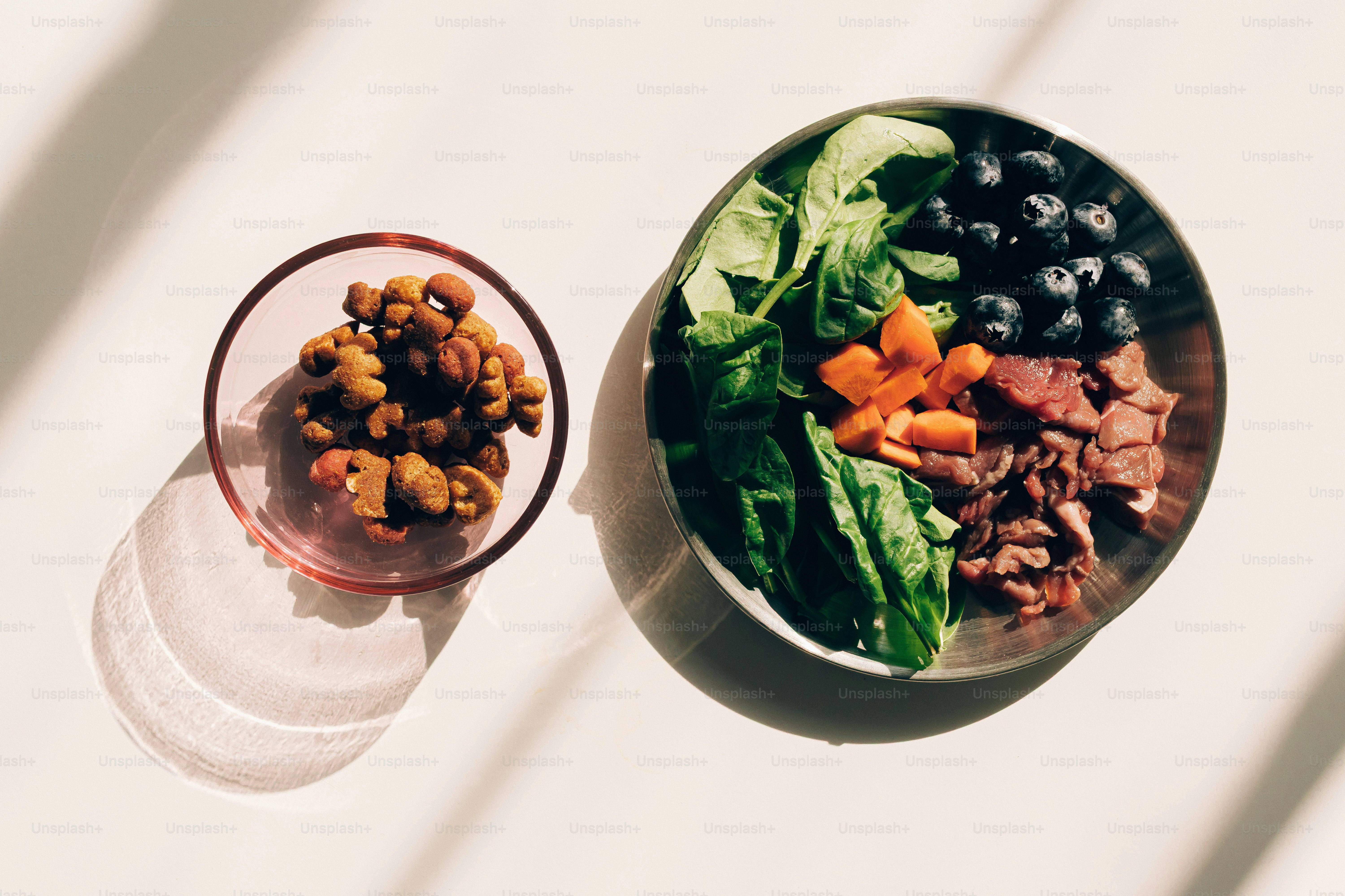 Mangkuk salad segar dengan blueberry, sayuran hijau, daging, dan kacang-kacangan.