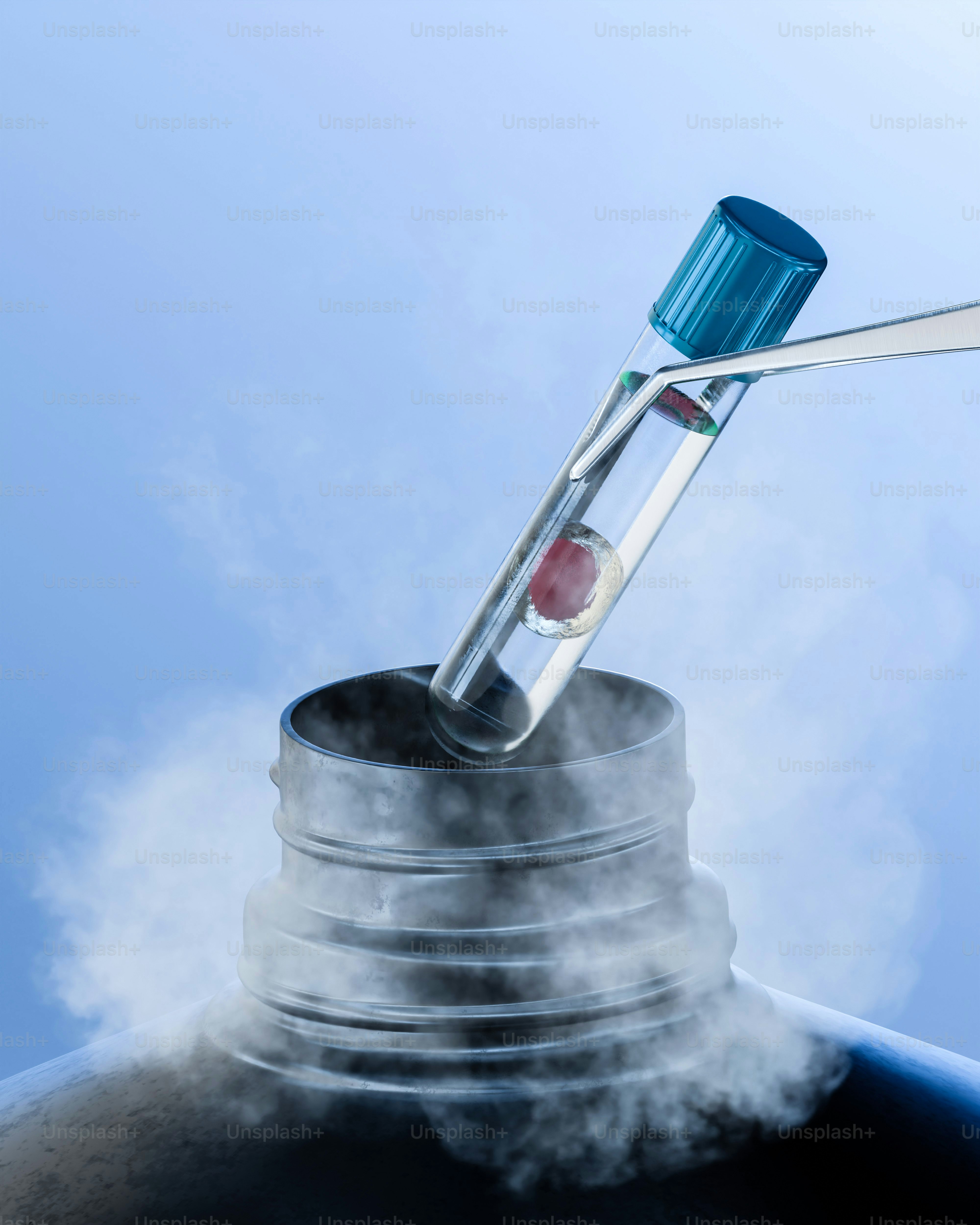 Scientific sample in test tube being frozen in liquid nitrogen.