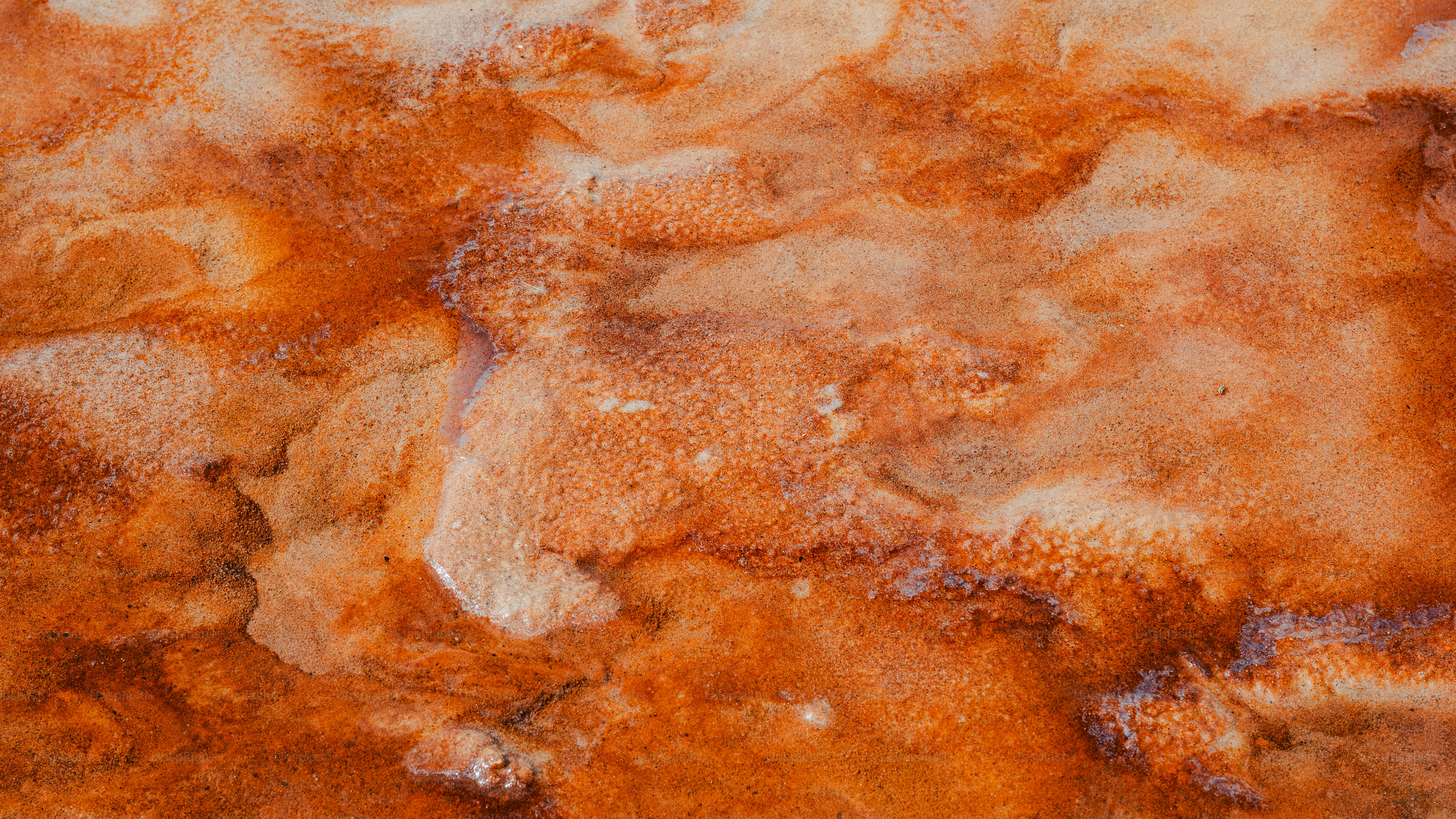 Depósitos minerales abstractos de color naranja y blanco forman un patrón texturizado.