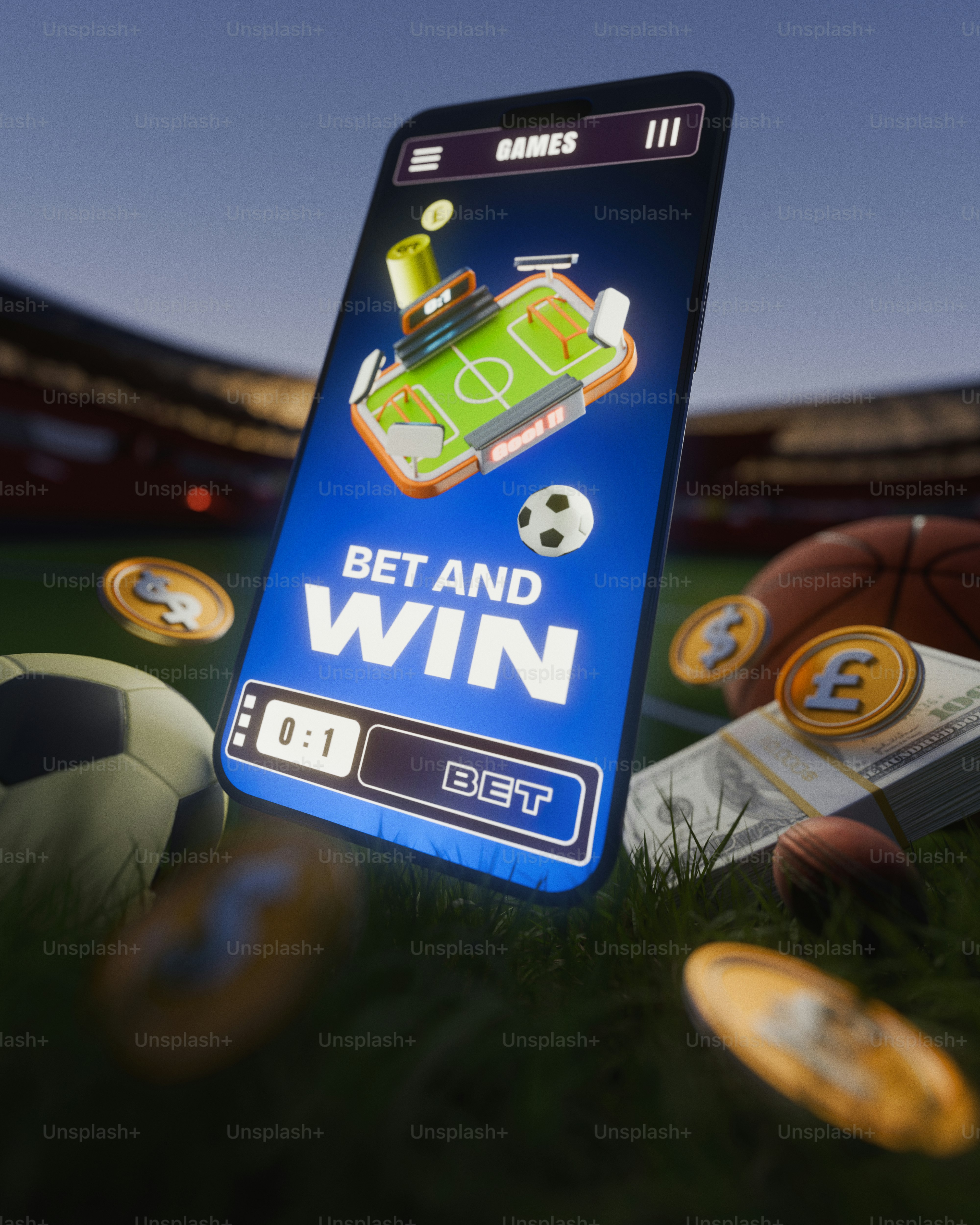 Smartphone betting app with sports, money, and coins on grass.