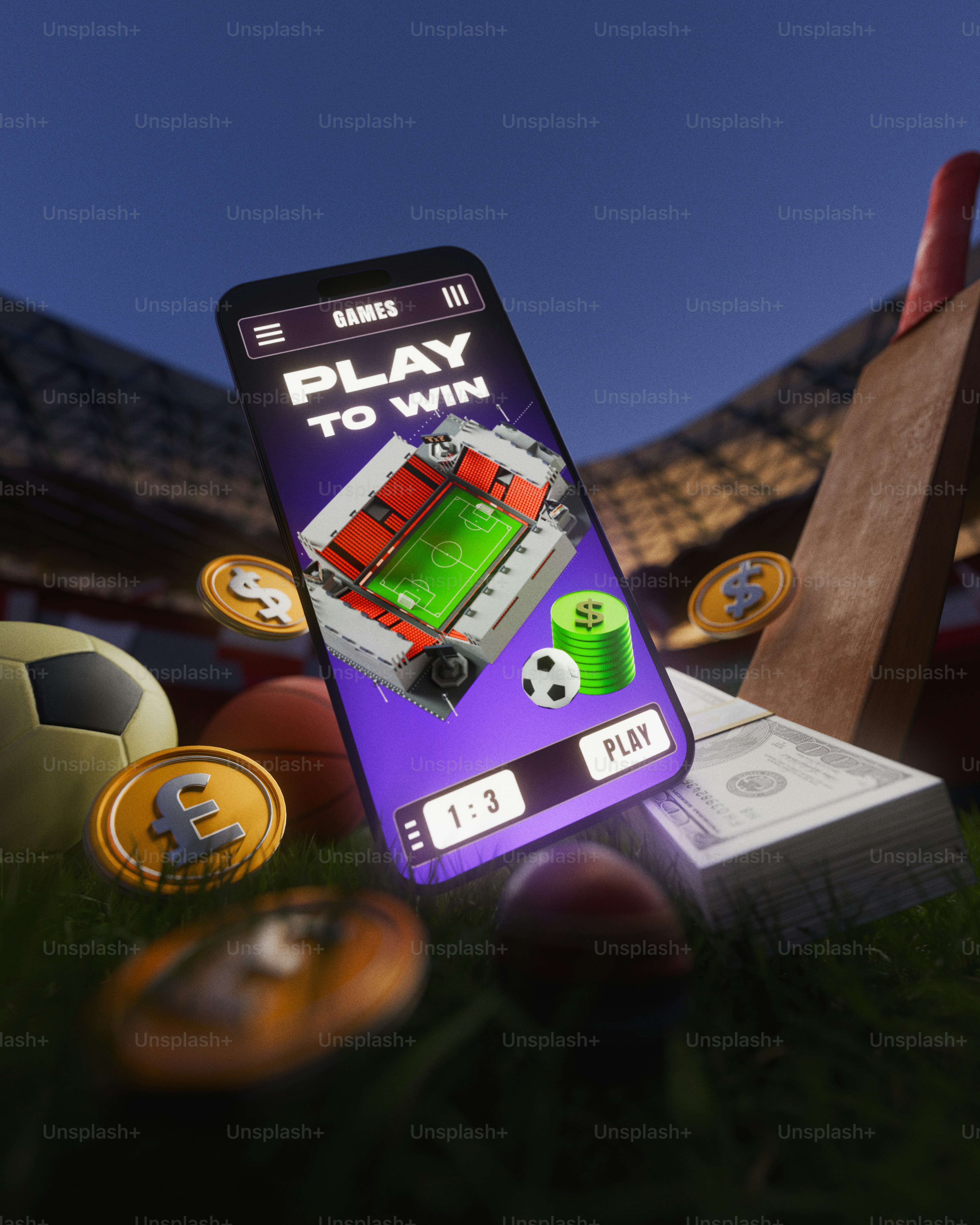 Smartphone with sports betting game, money, and sports equipment.