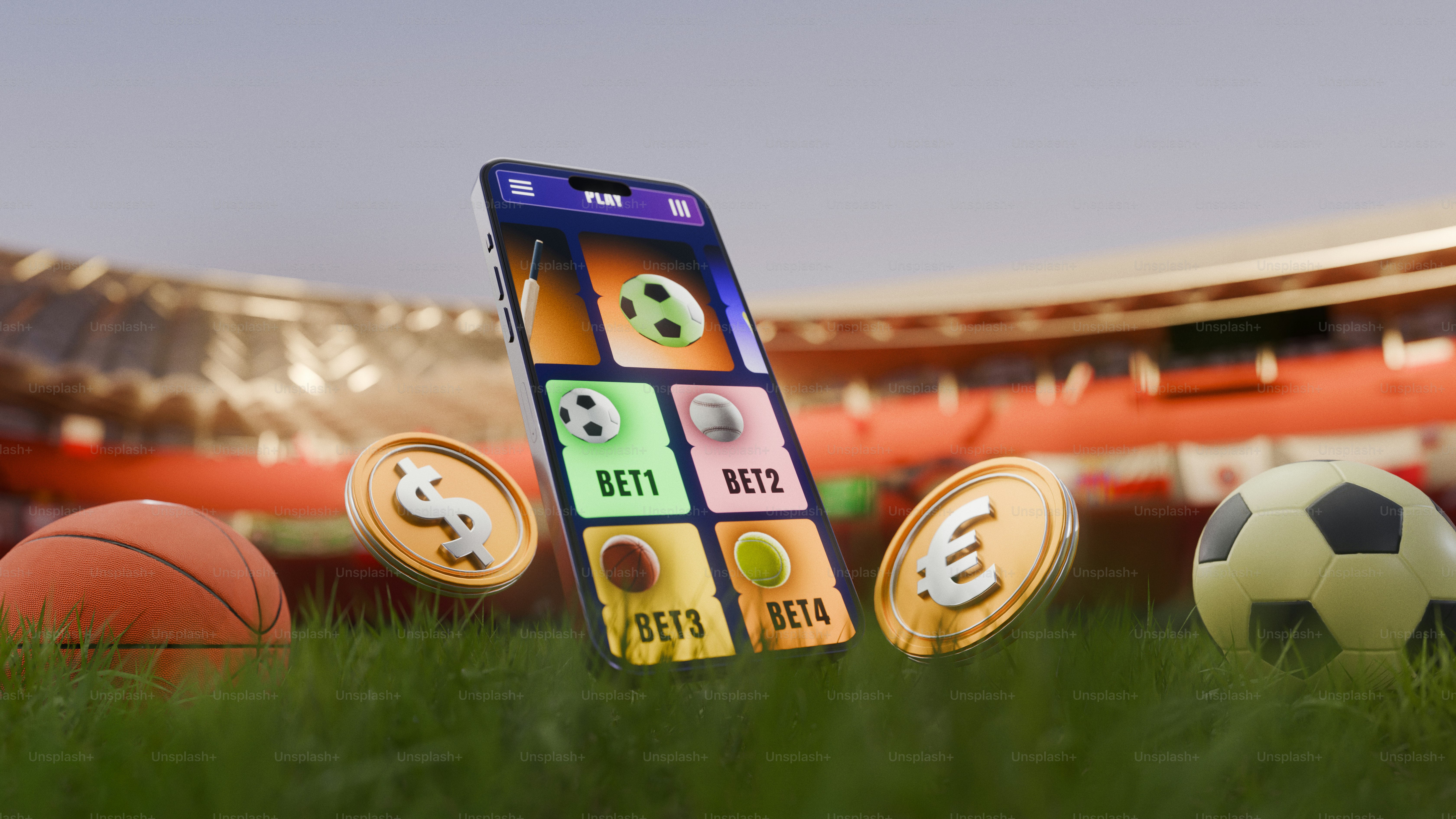 Smartphone with betting app, sports balls, and coins on grass.
