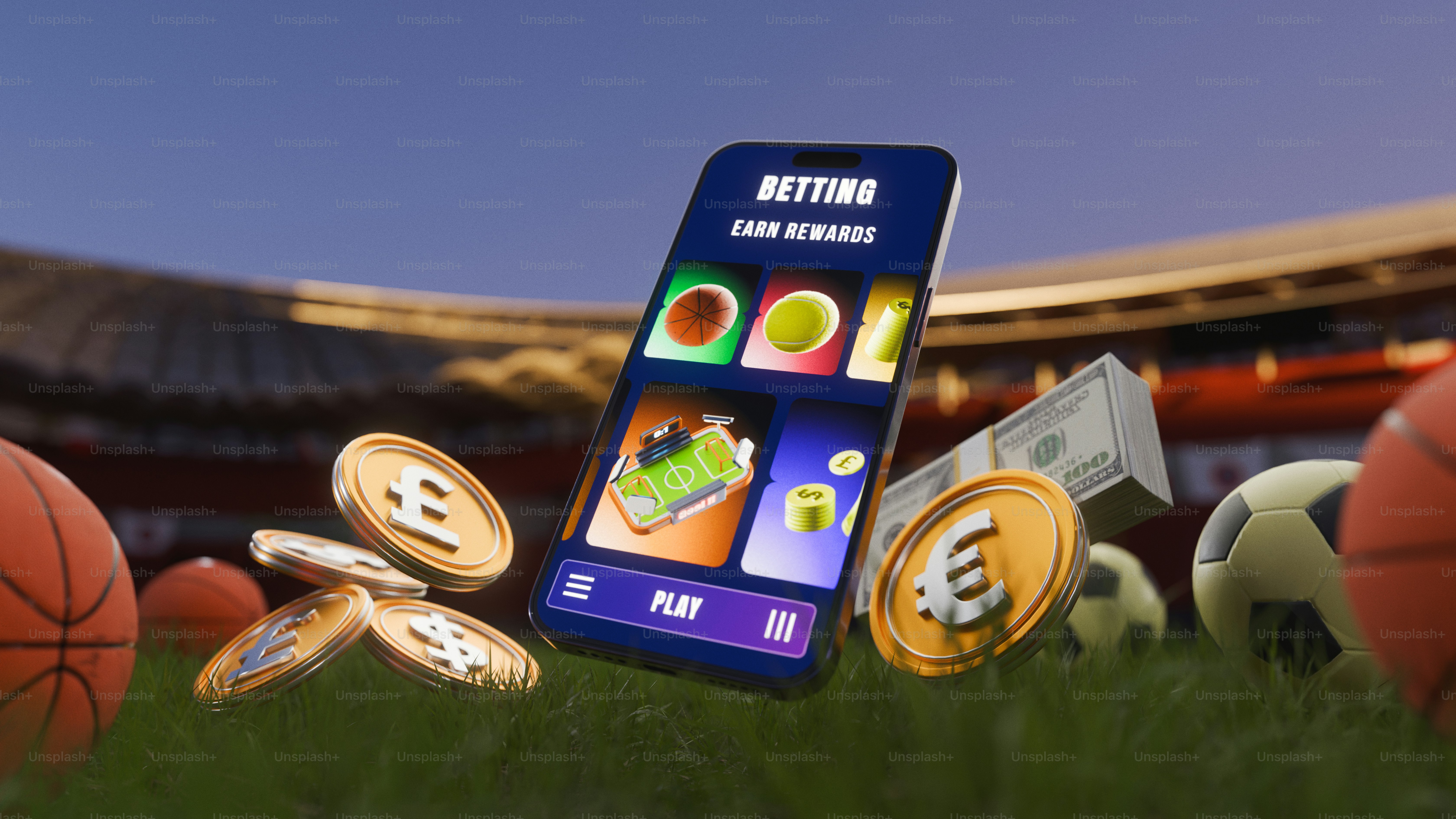 Betting app on smartphone with sports balls and money.