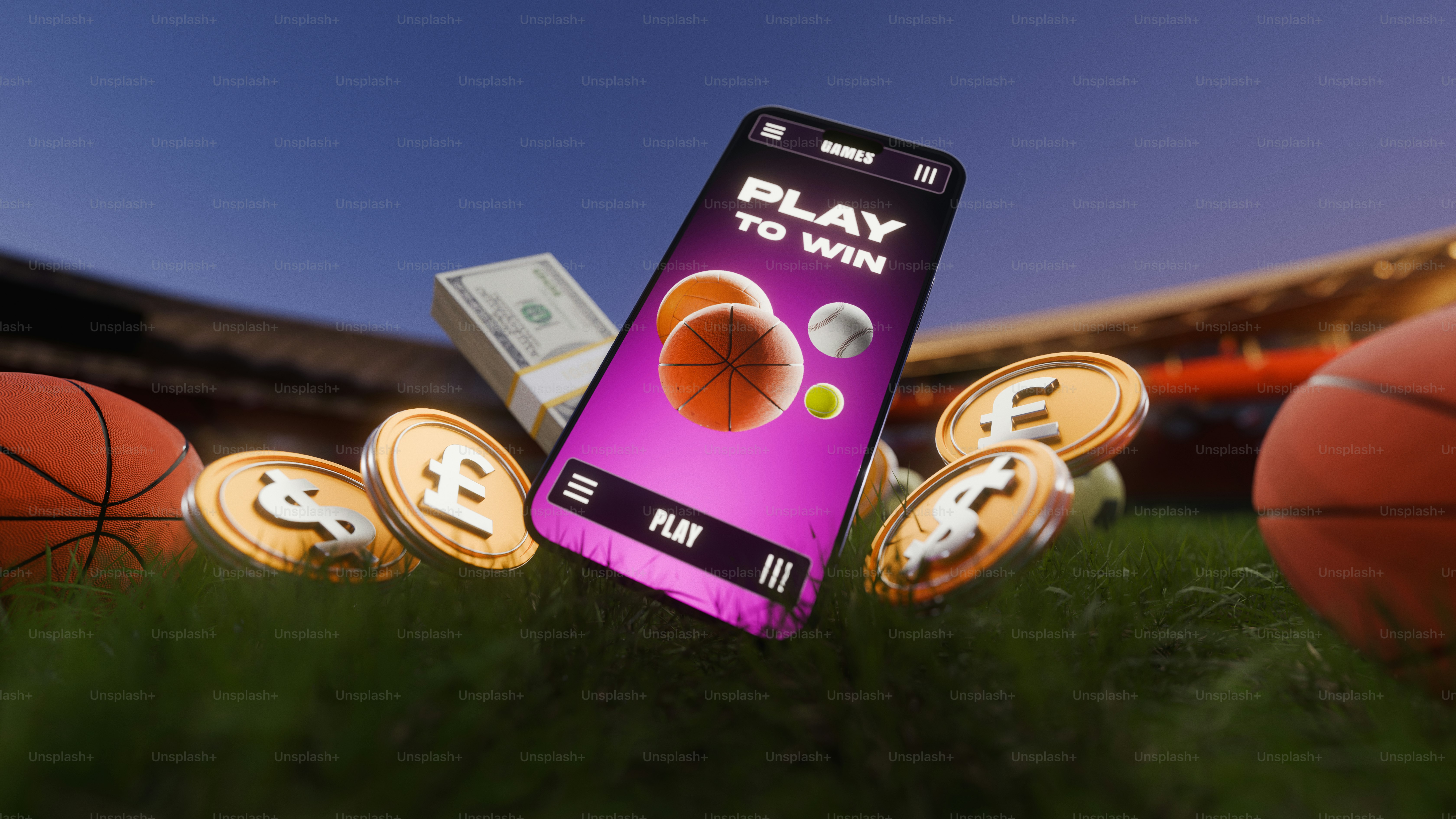 Mobile game "play to win" surrounded by coins and basketballs.