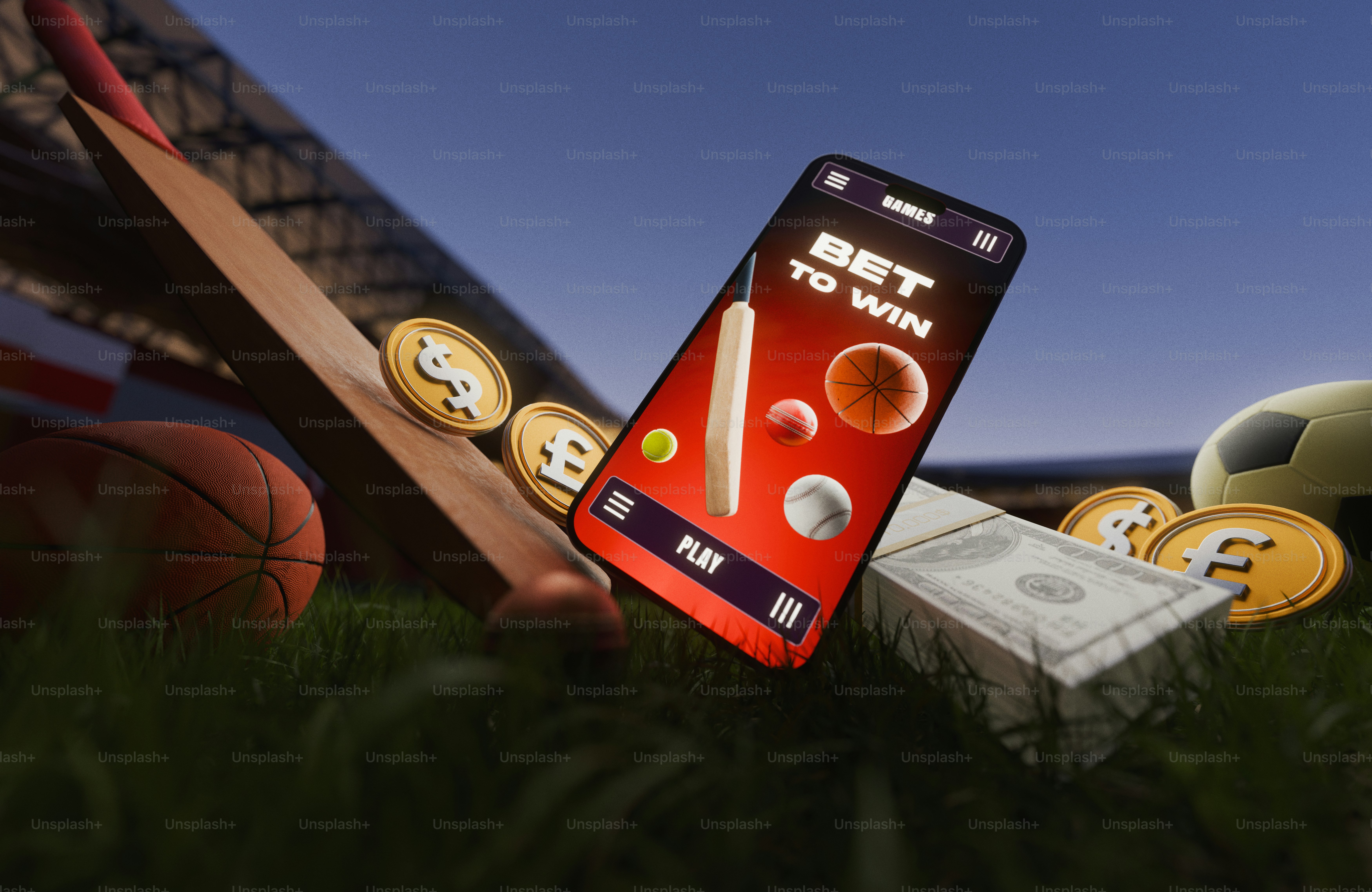 Mobile sports betting app with money and sports equipment.