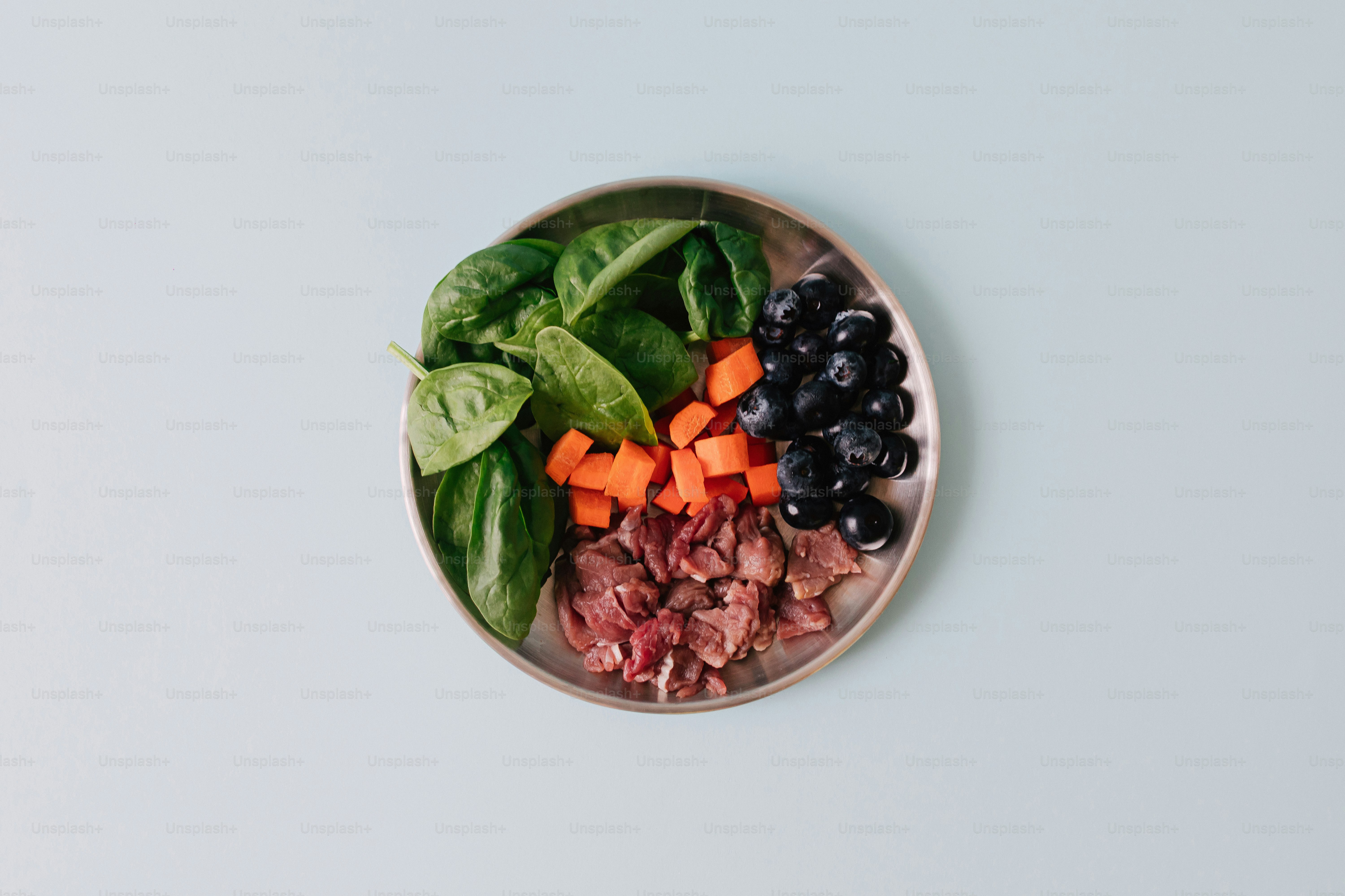 Bahan-bahan segar: bayam, wortel, daging, dan blueberry di atas piring.