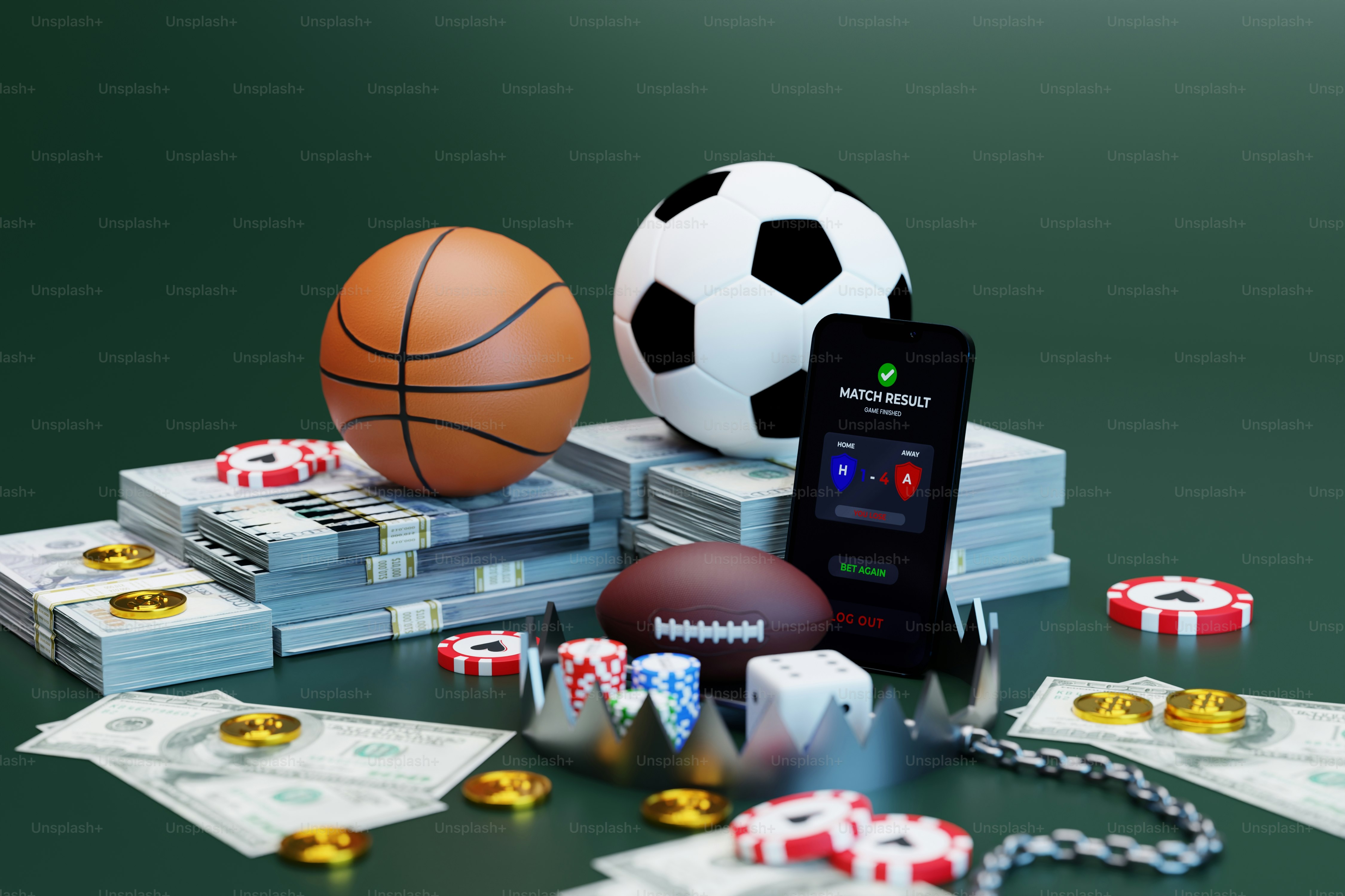 Sports betting concept with balls, money, chips, and a smartphone.