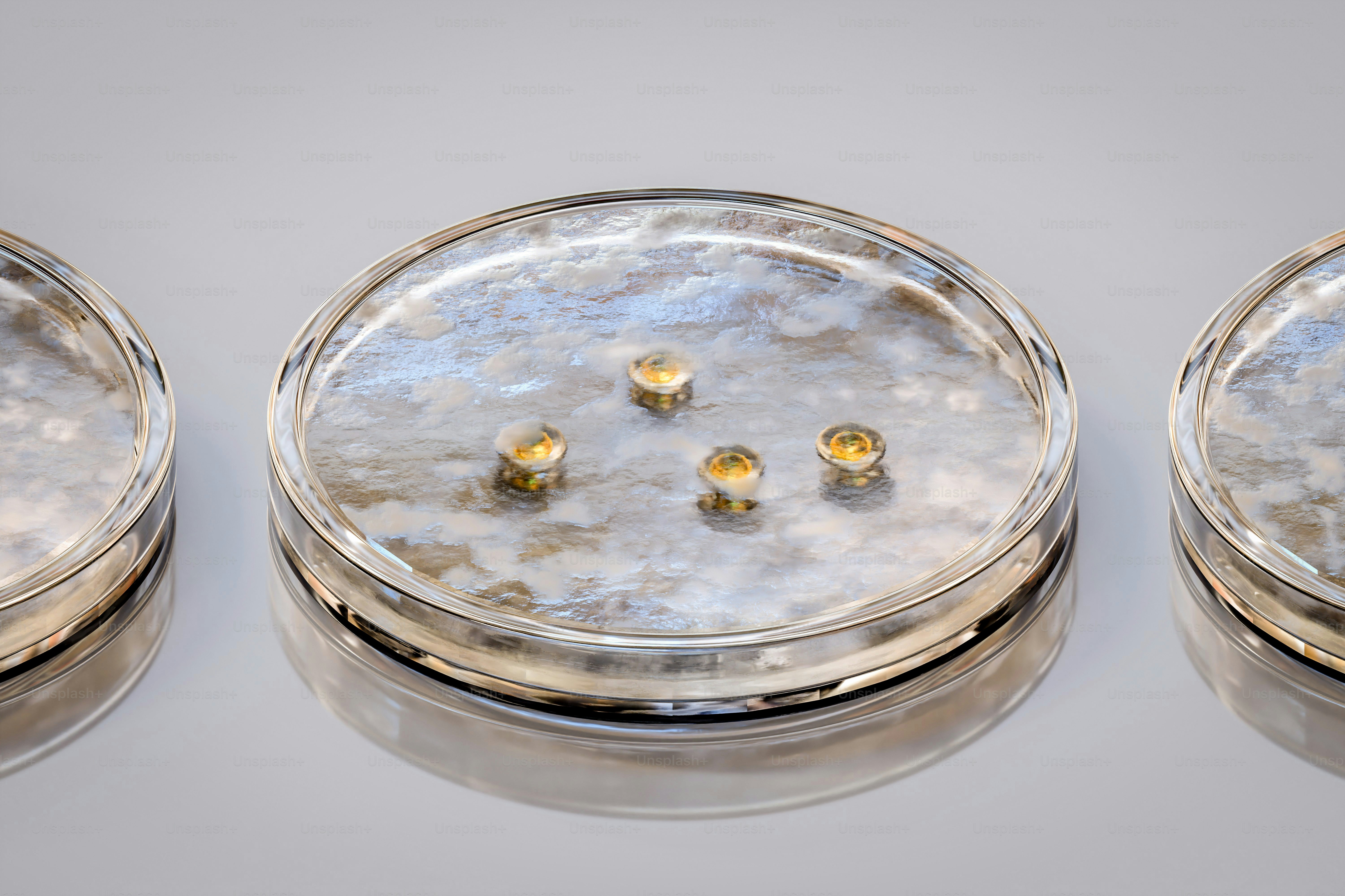 Four small yellow drops in a clear petri dish.