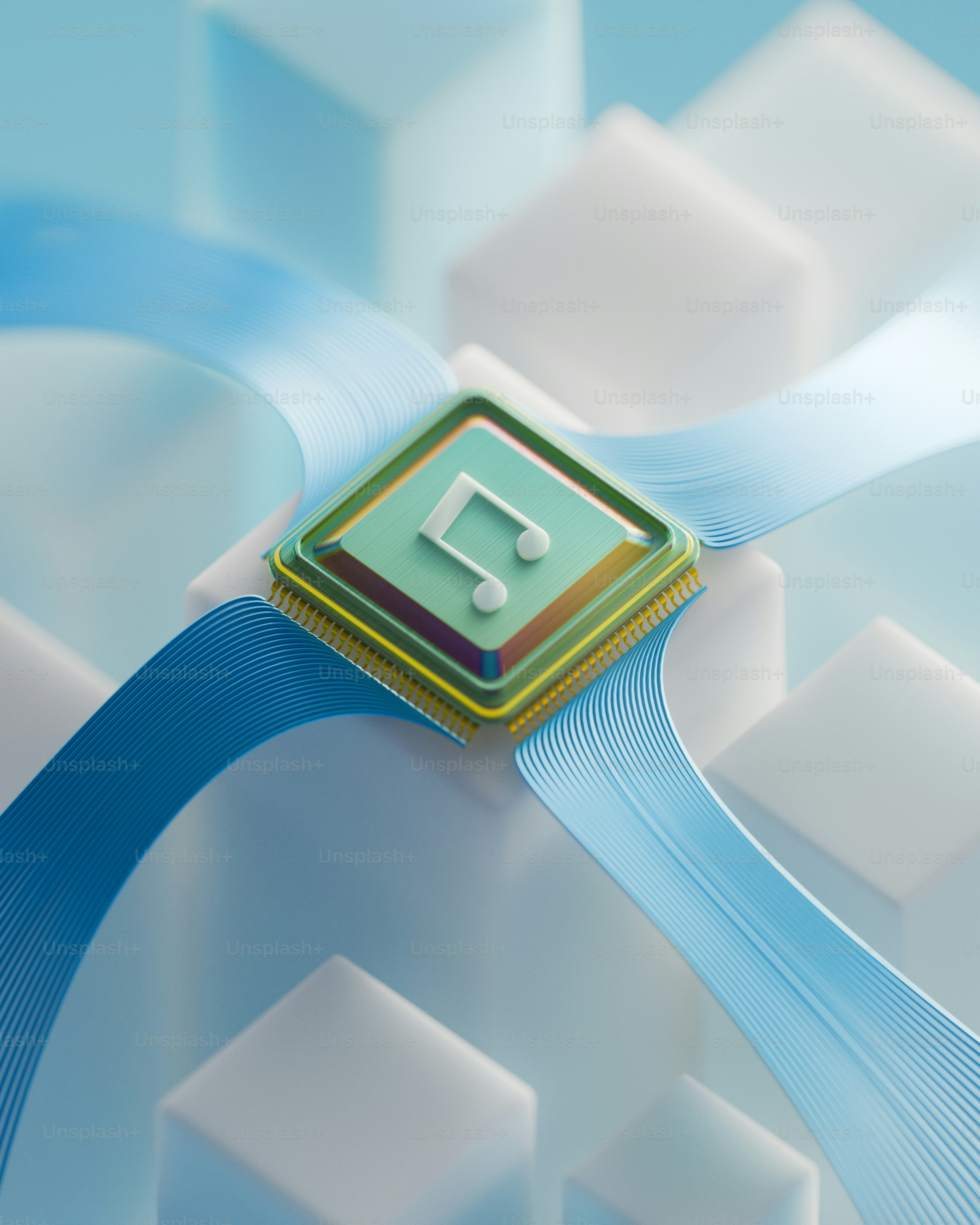A microchip with a musical note connects to white blocks.
