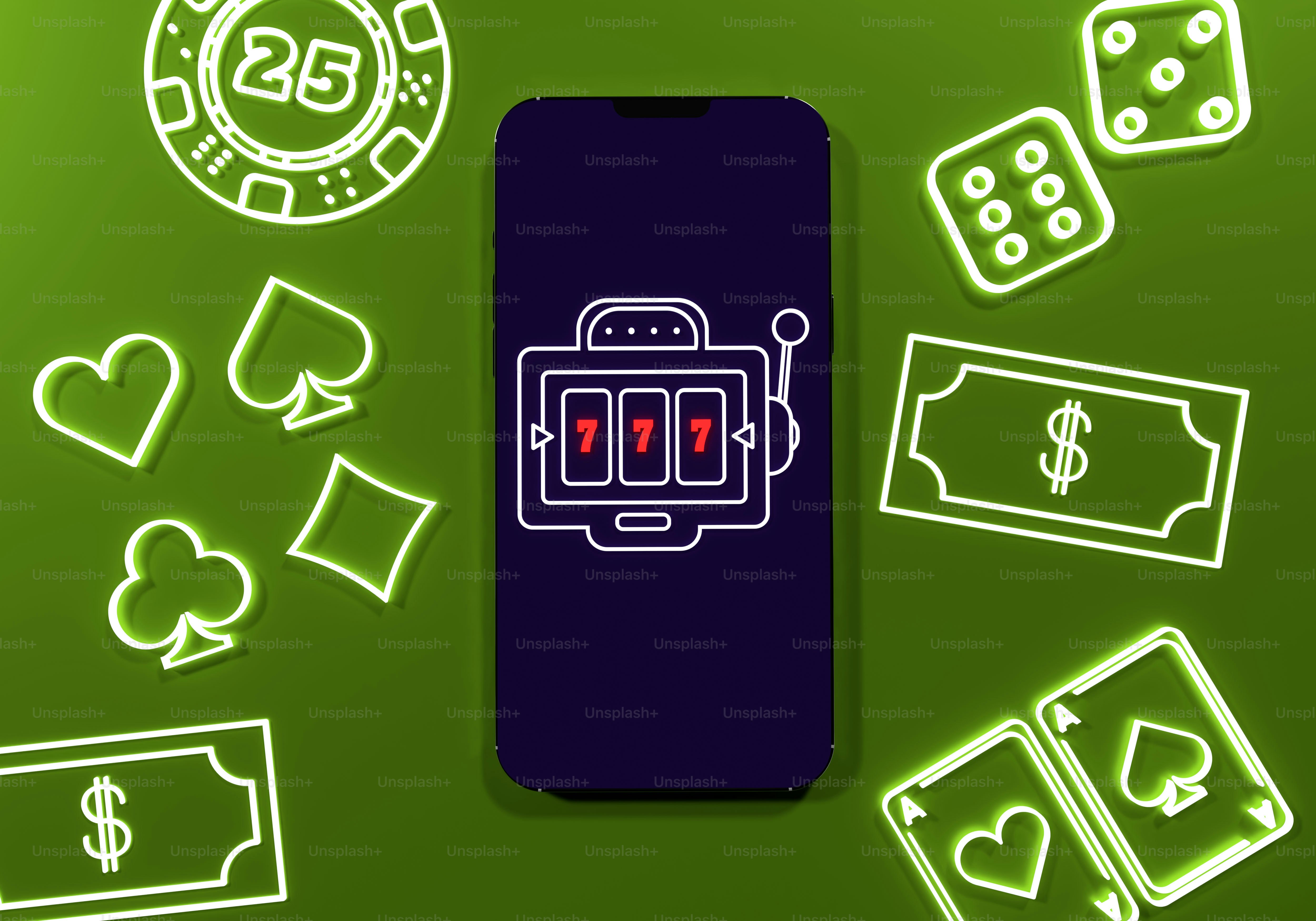 Mobile casino gaming with slot machine and gambling icons.