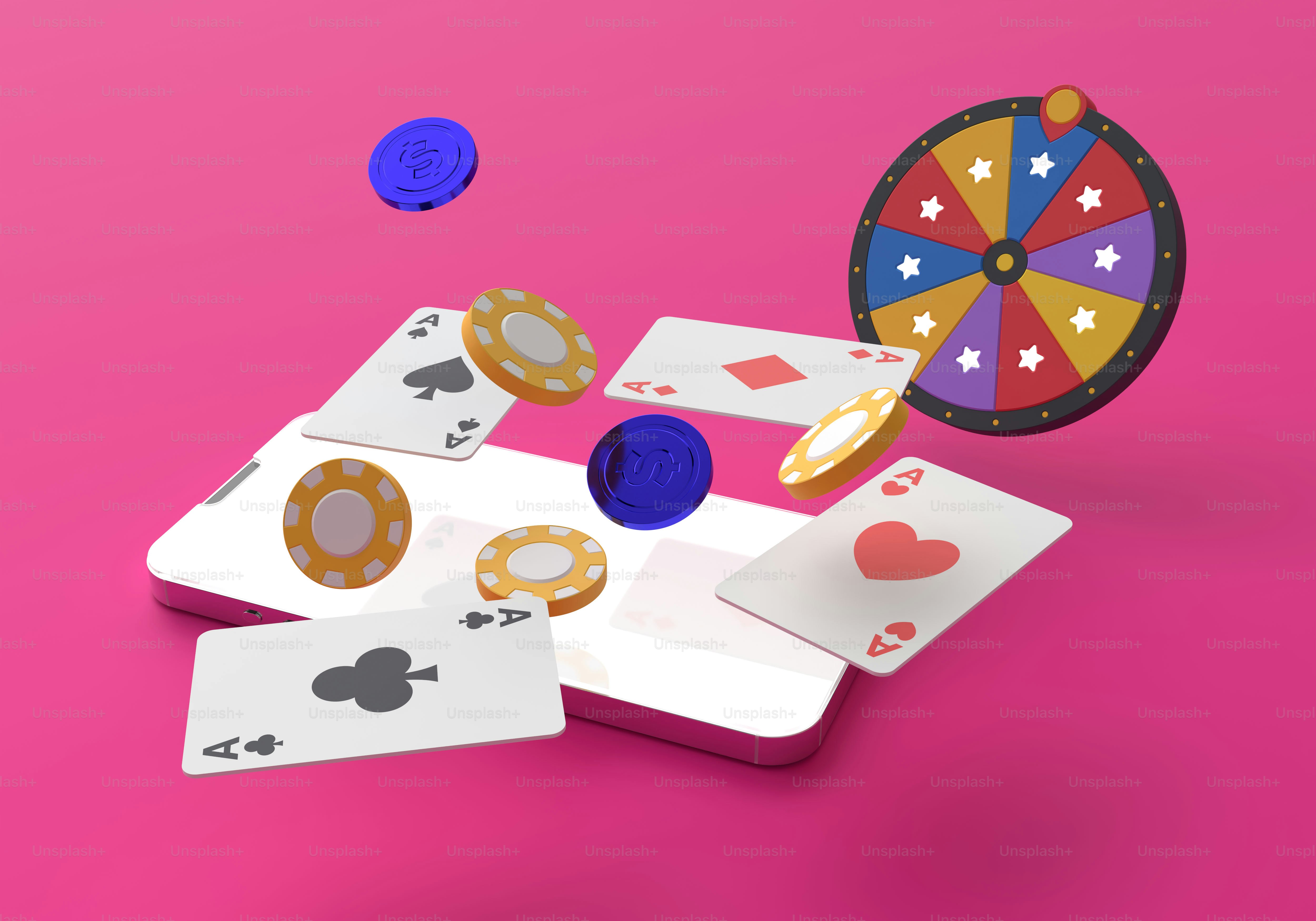 Smartphone with playing cards, casino chips, and a spinning wheel.