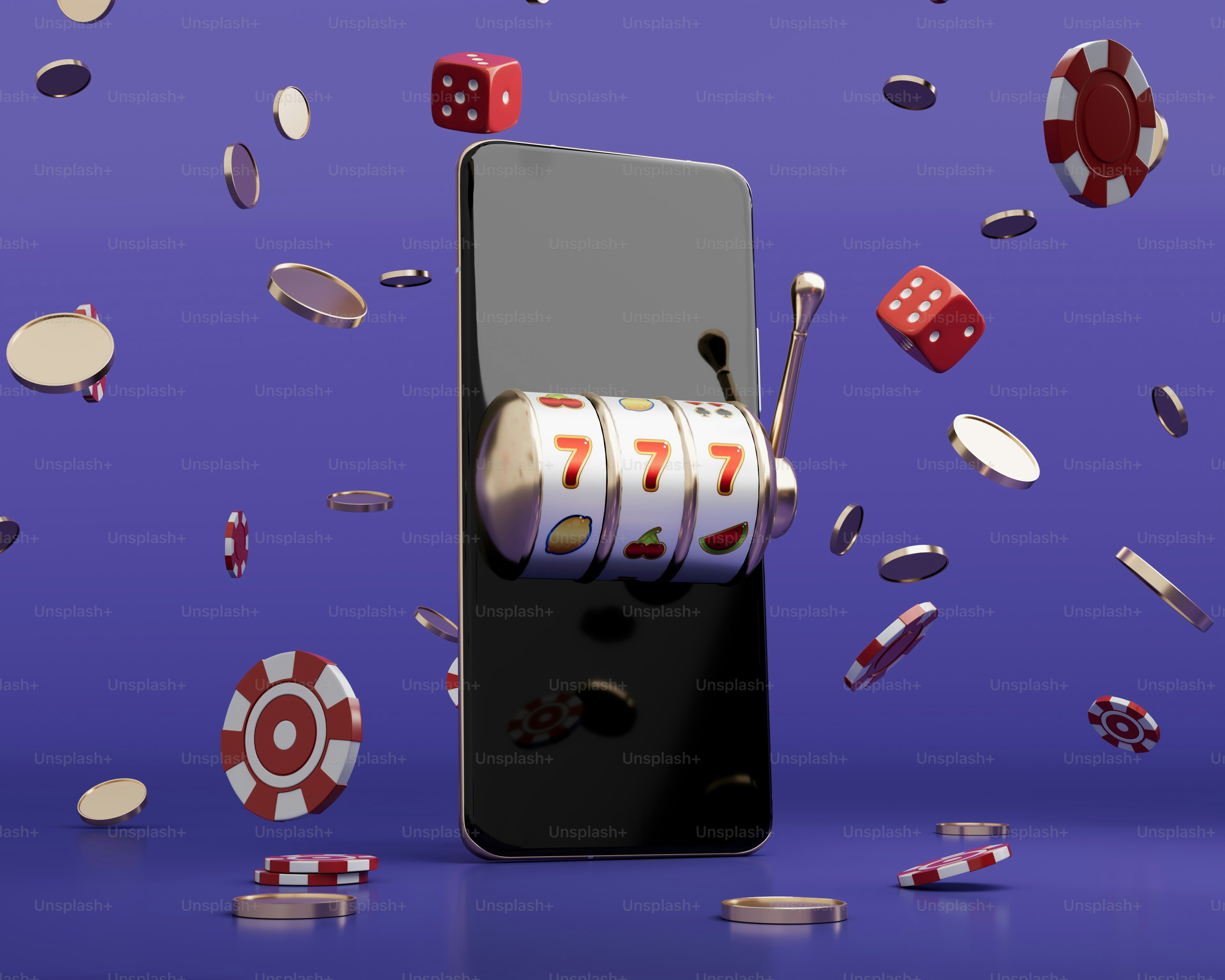 Slot machine al telefono con fiches da casinò e dadi.