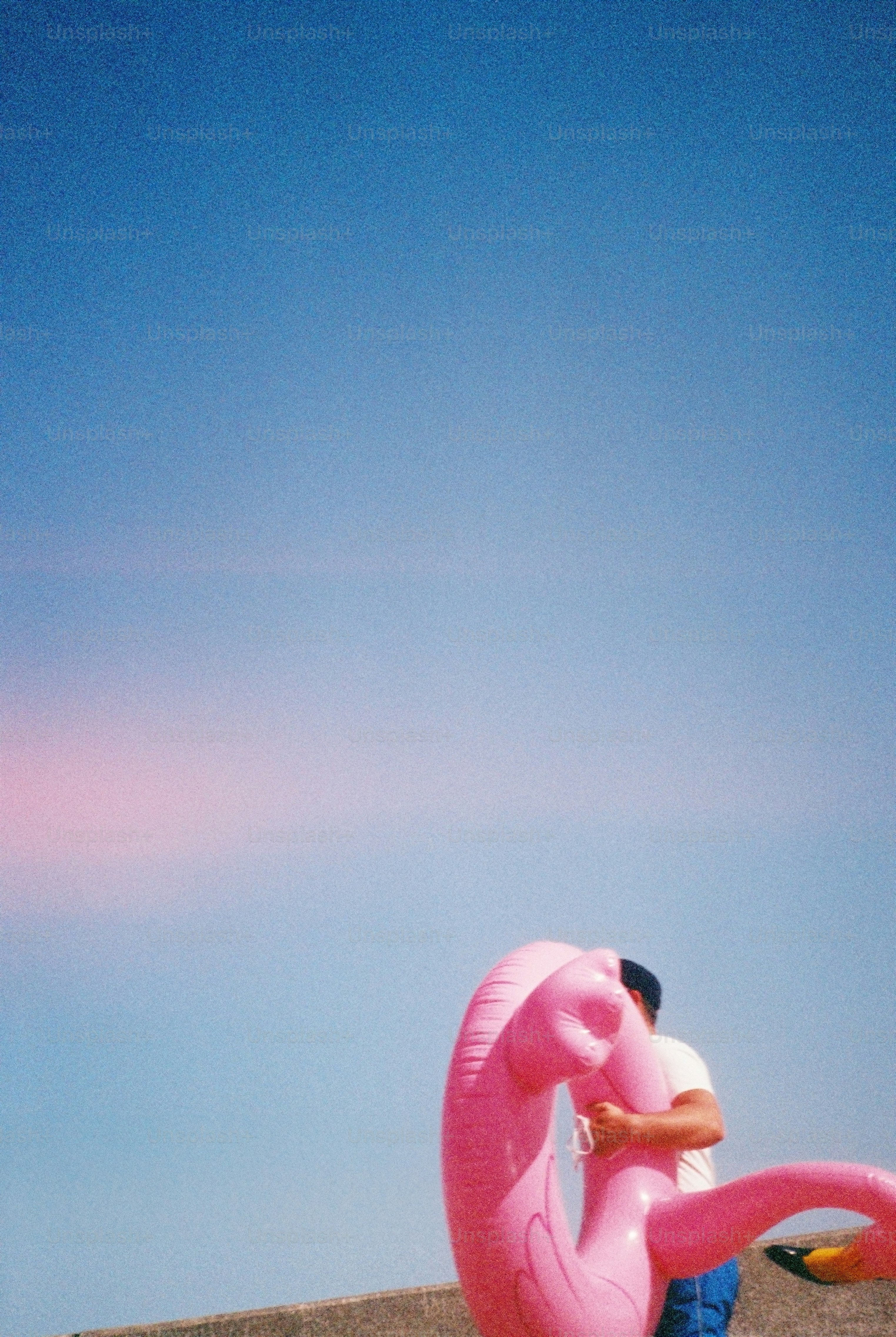 Pessoa segurando um flamingo inflável rosa grande sob céu azul.
