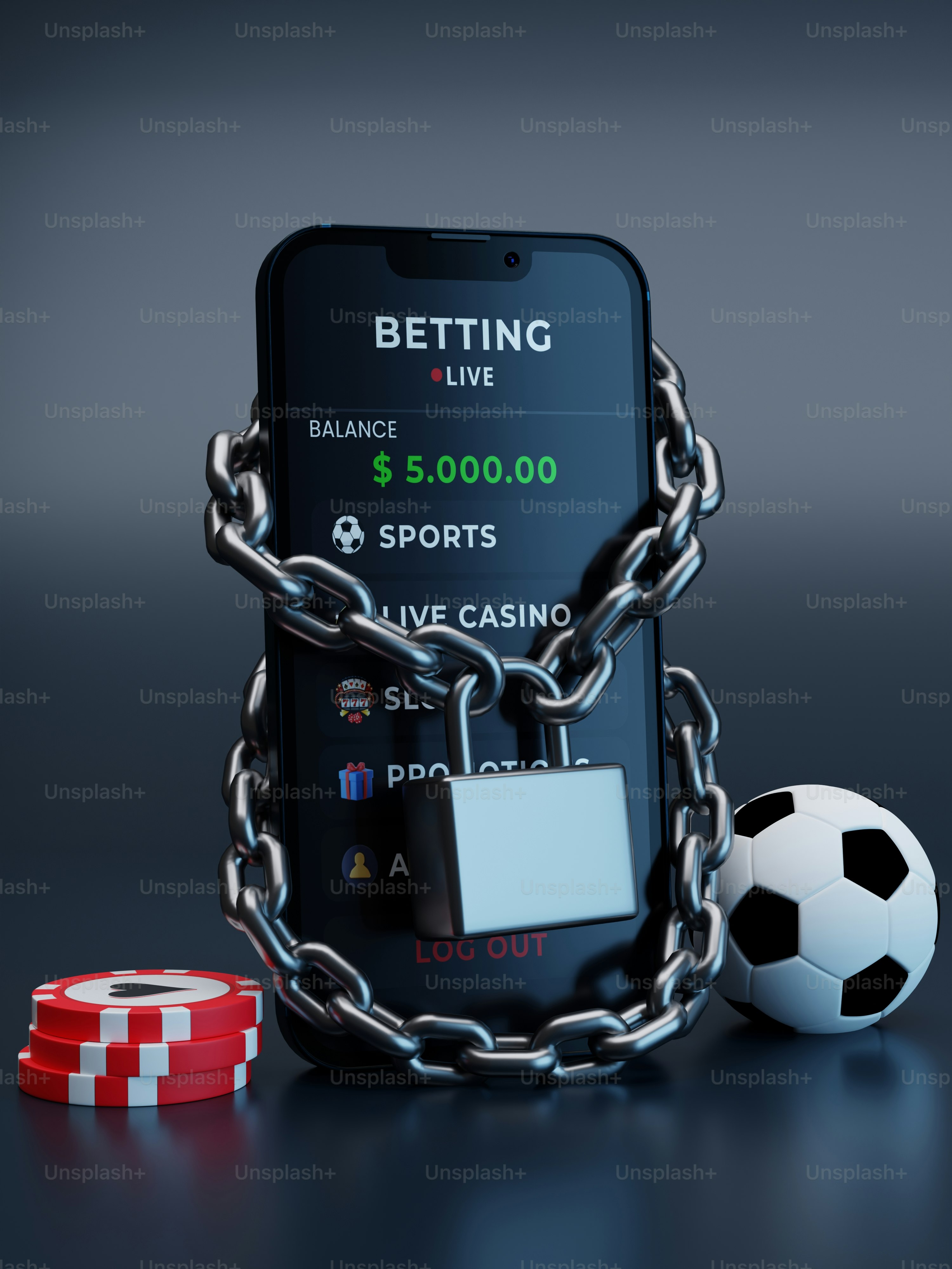 Chained smartphone with padlock, soccer ball, and poker chips.