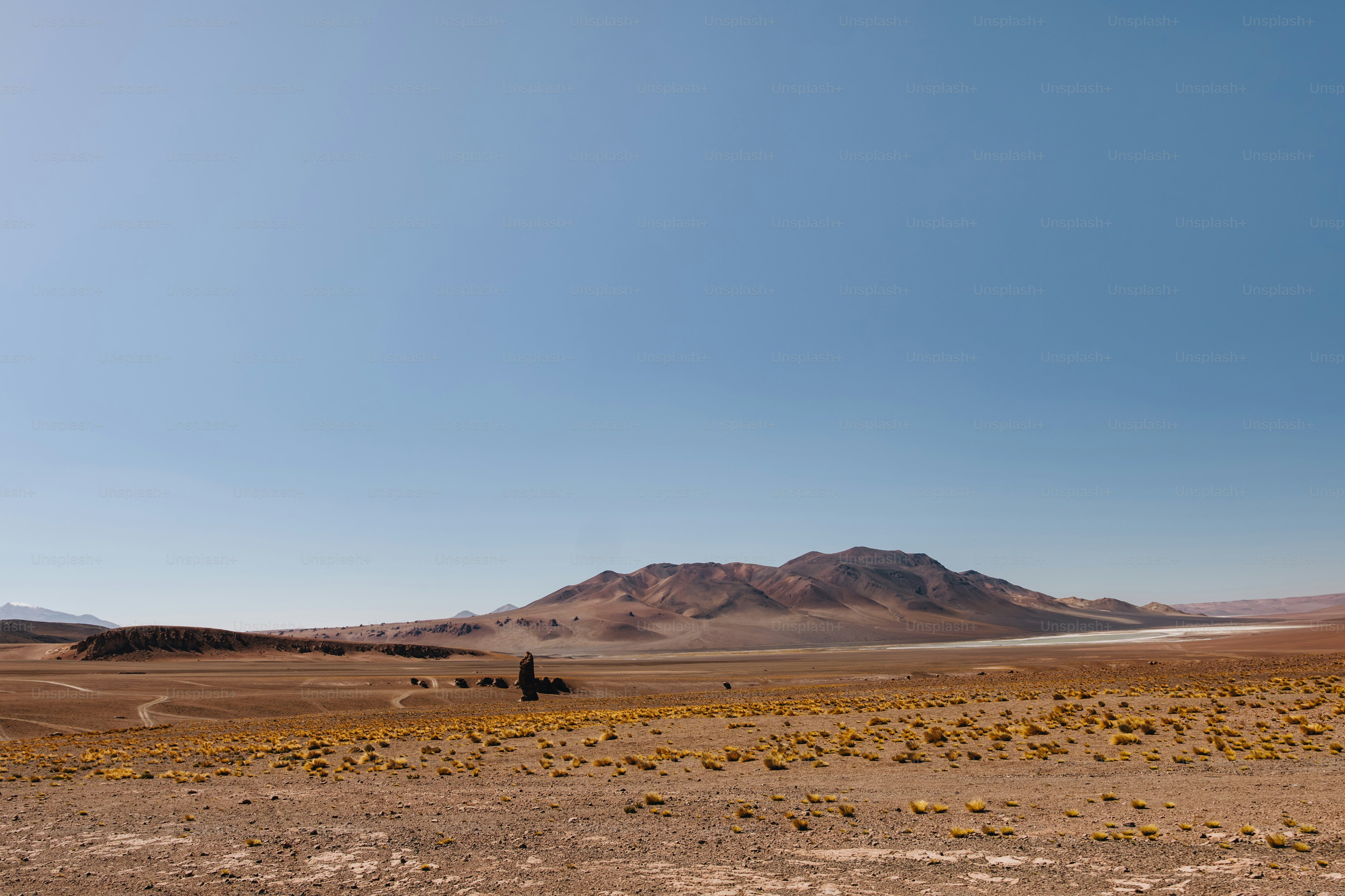 Vast desert landscape with mountains under a clear blue sky