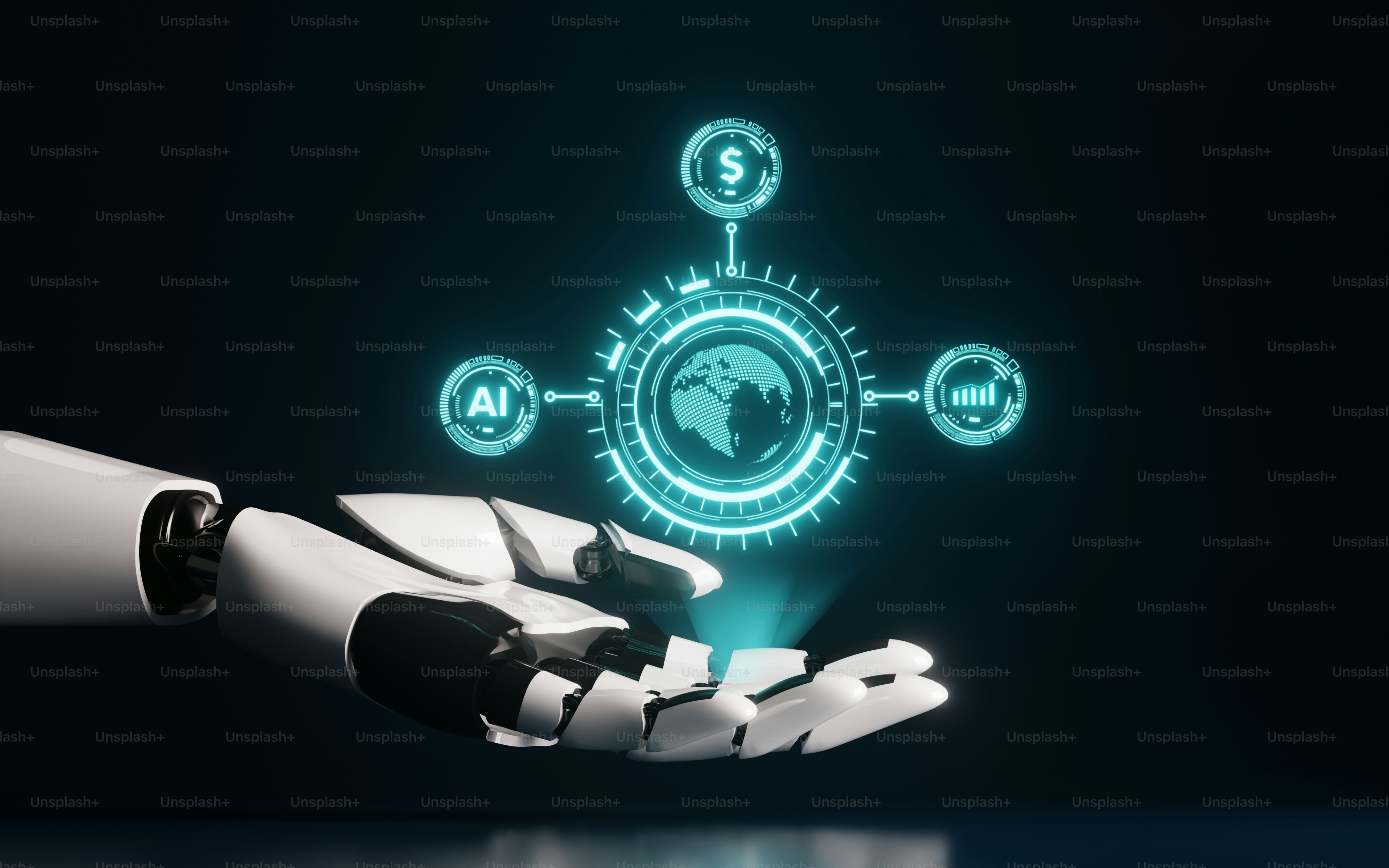 Robotic hand holds glowing digital globe showing ai, finance, industry.