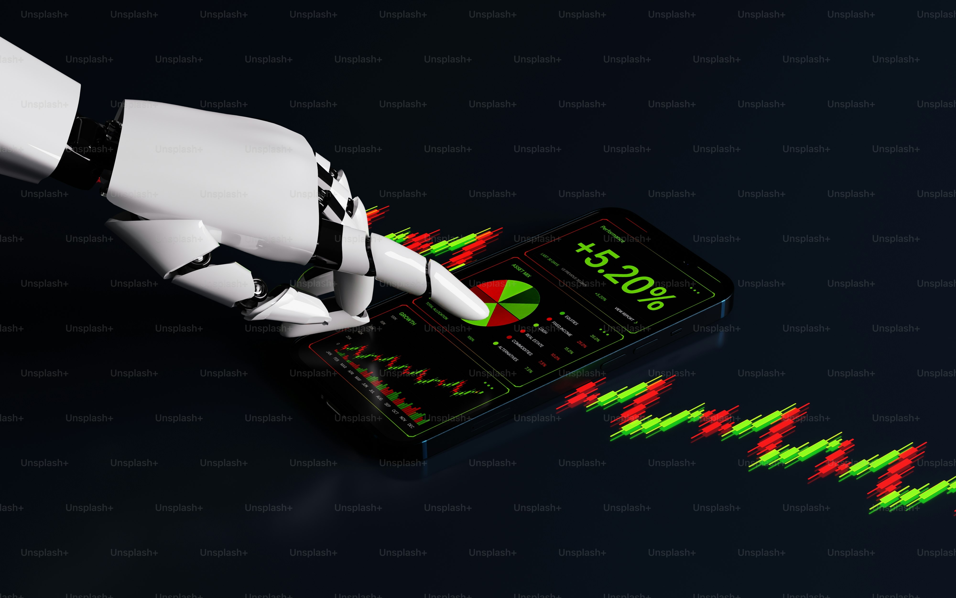 Robotic hand interacts with financial data on a smartphone screen.