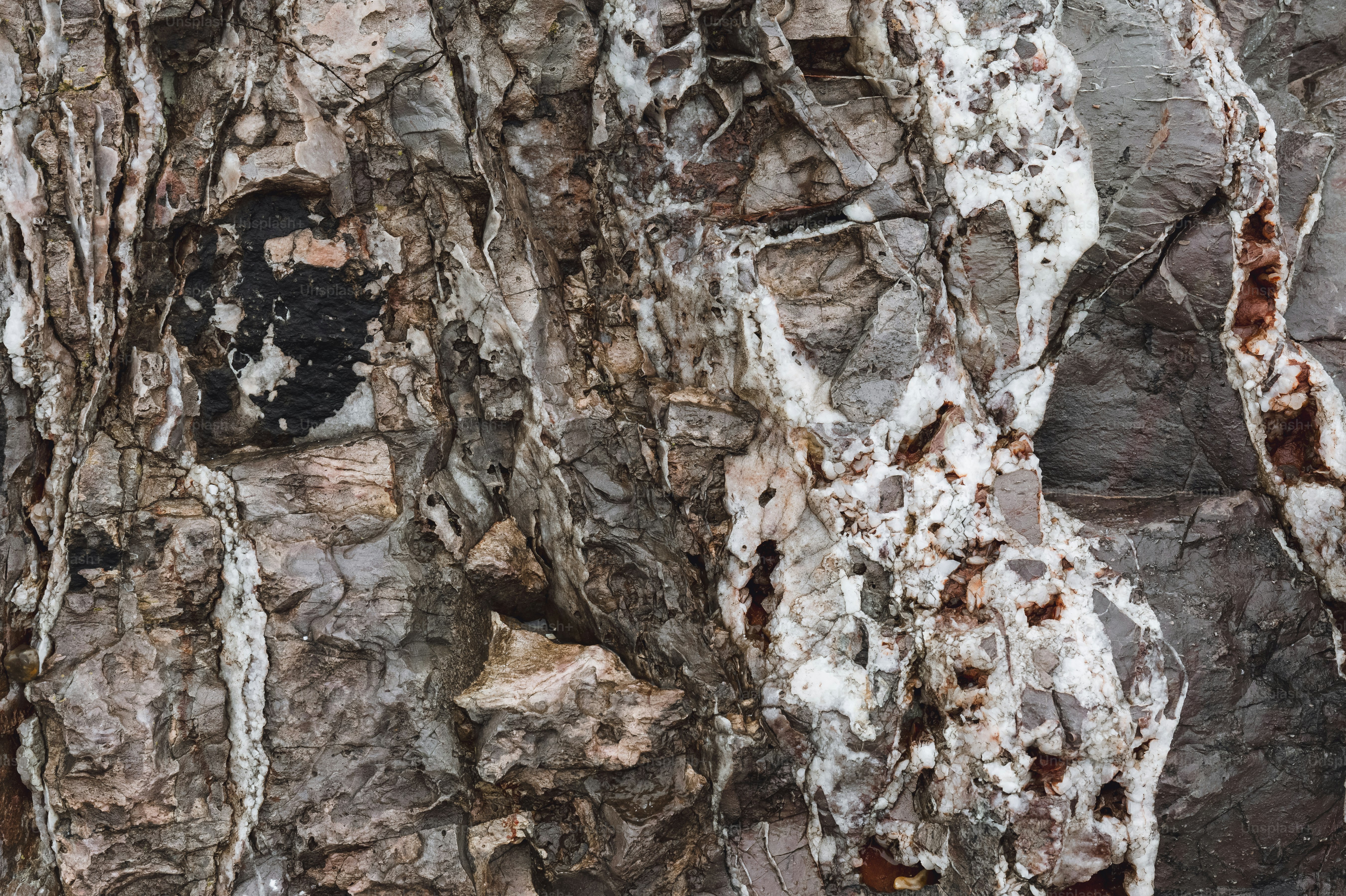 Rough, weathered rock surface with cracks and mineral deposits.