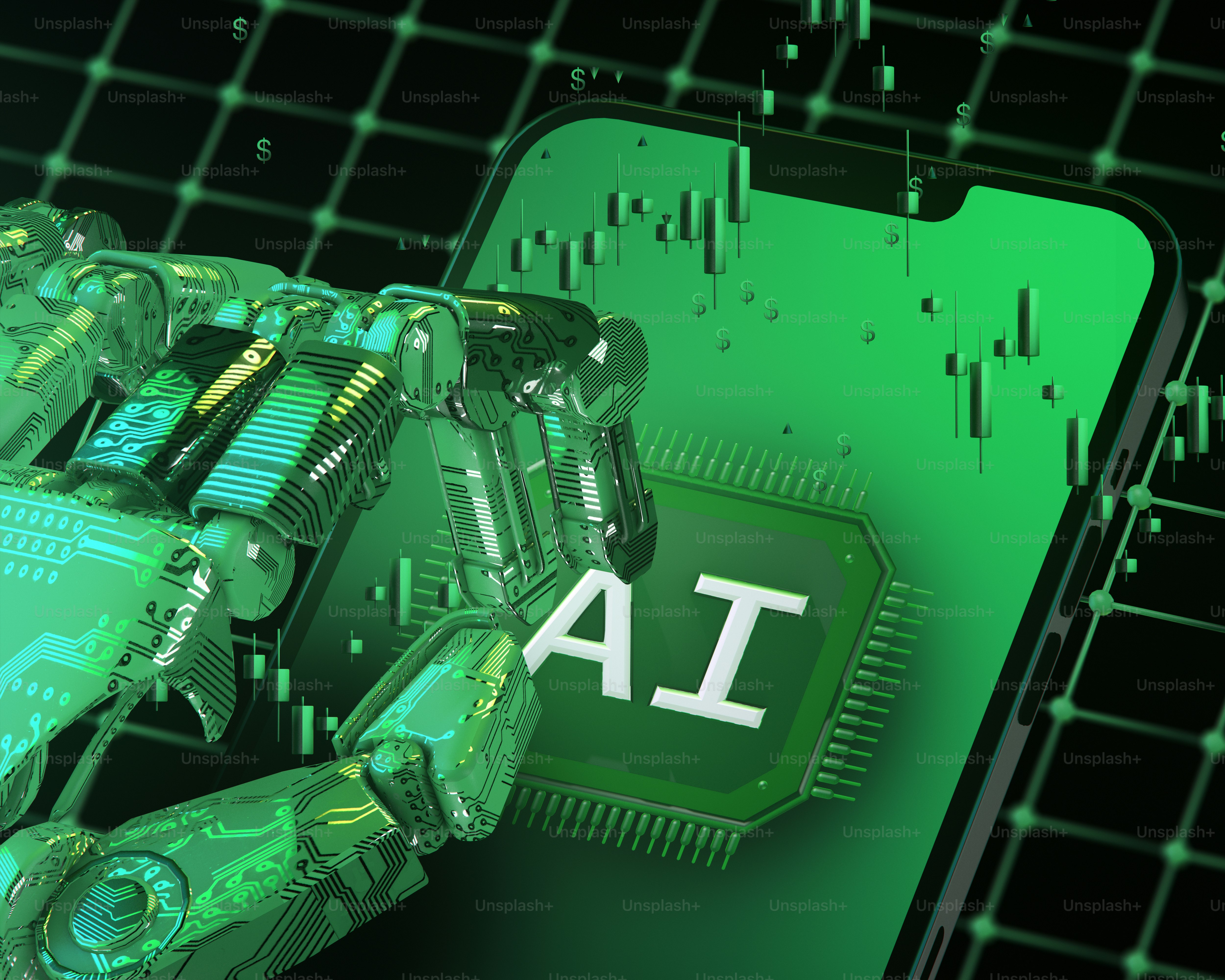 Robotic hand interacts with smartphone displaying ai on green screen