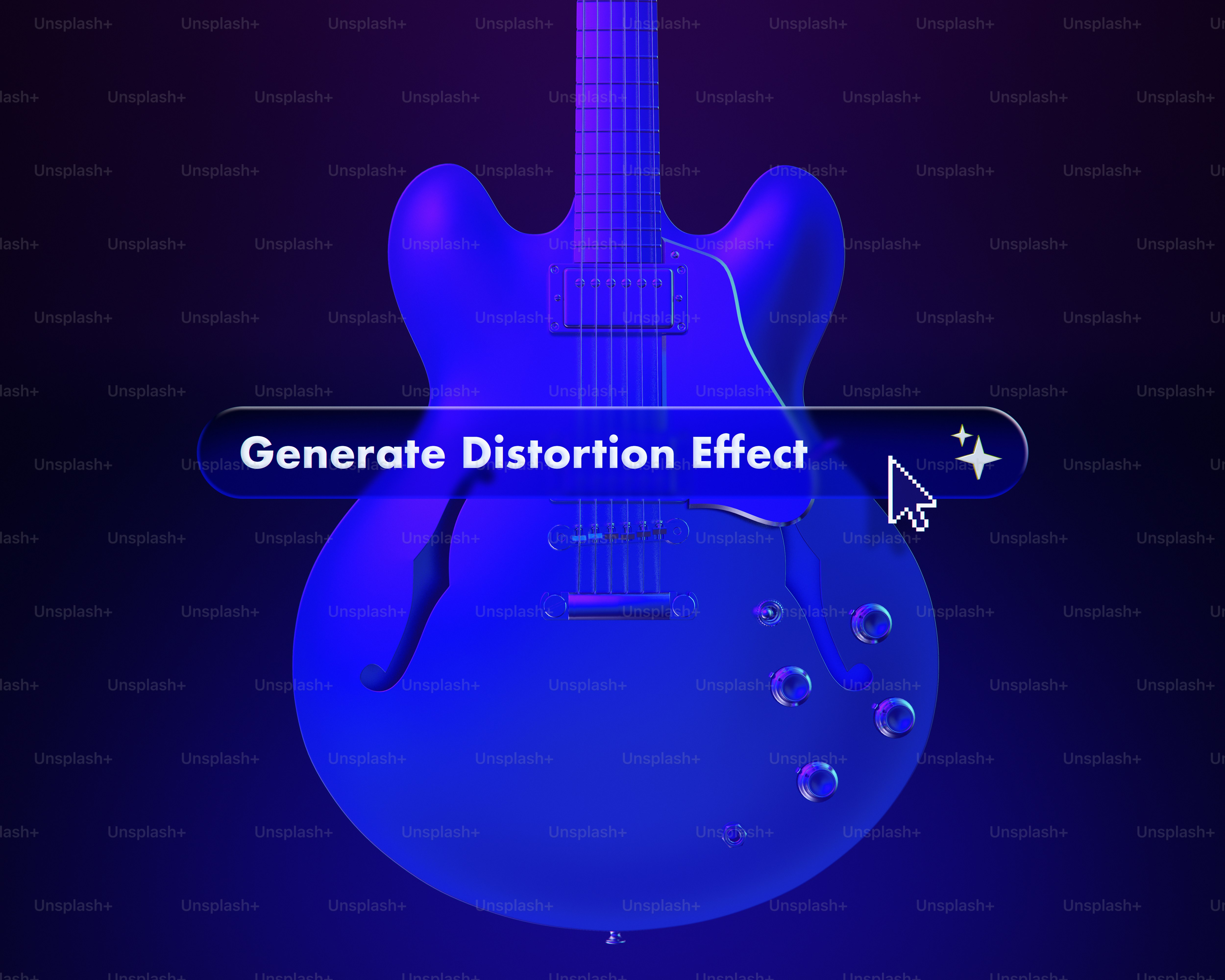 Blue electric guitar with "generate distortion effect" text overlay.
