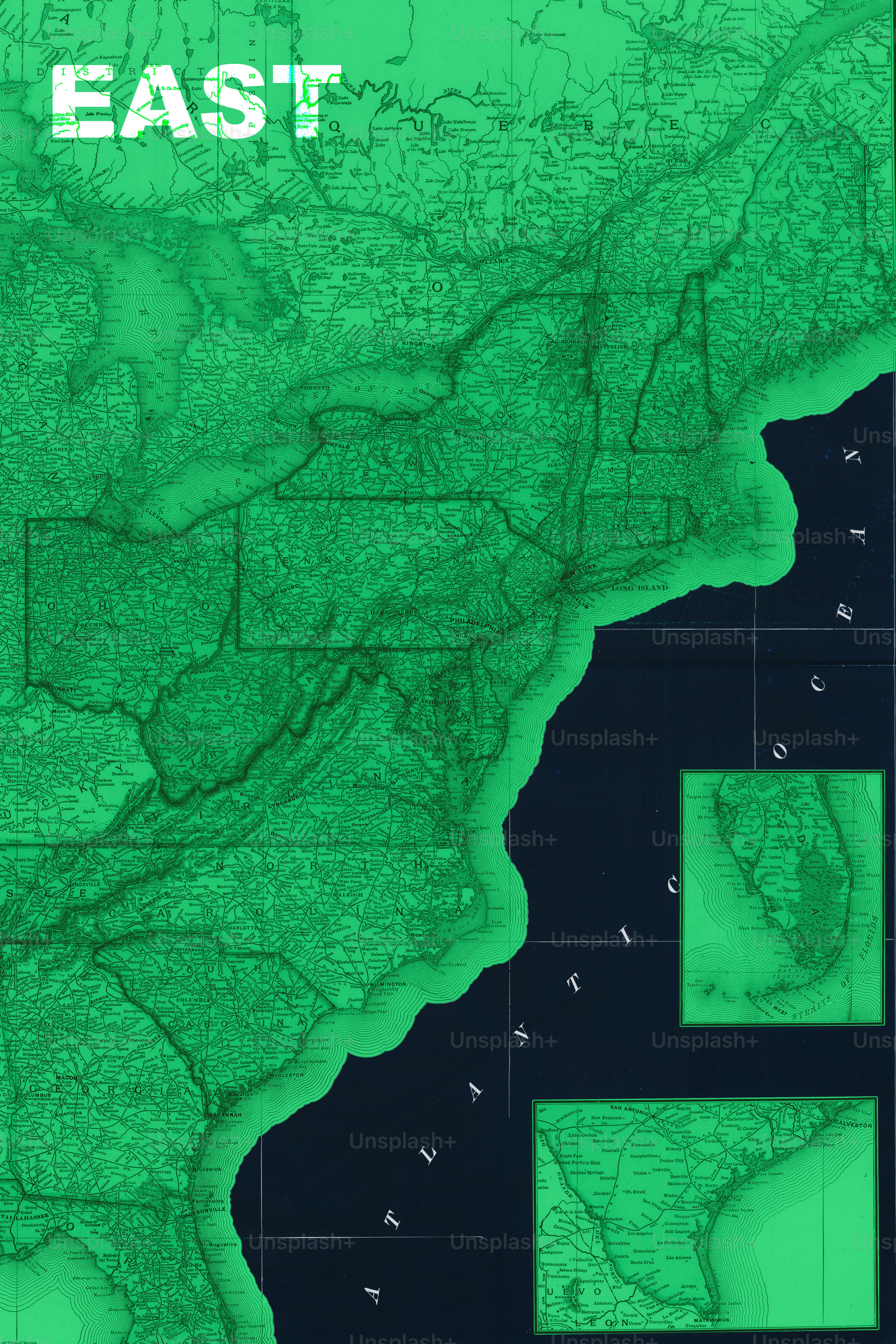 Eastern united states coastline map with 'east' text