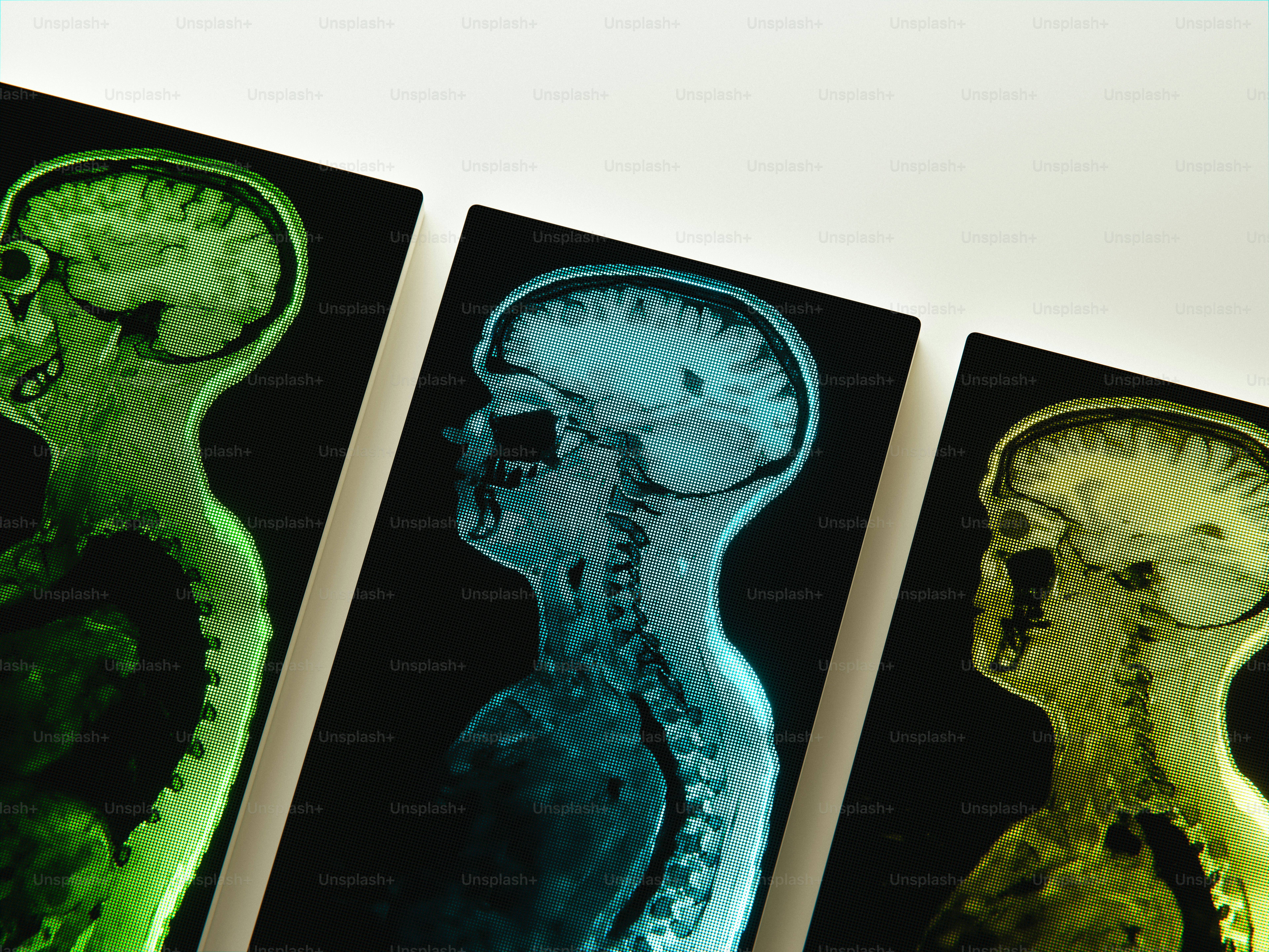 Three colorful human brain and spine medical scans.