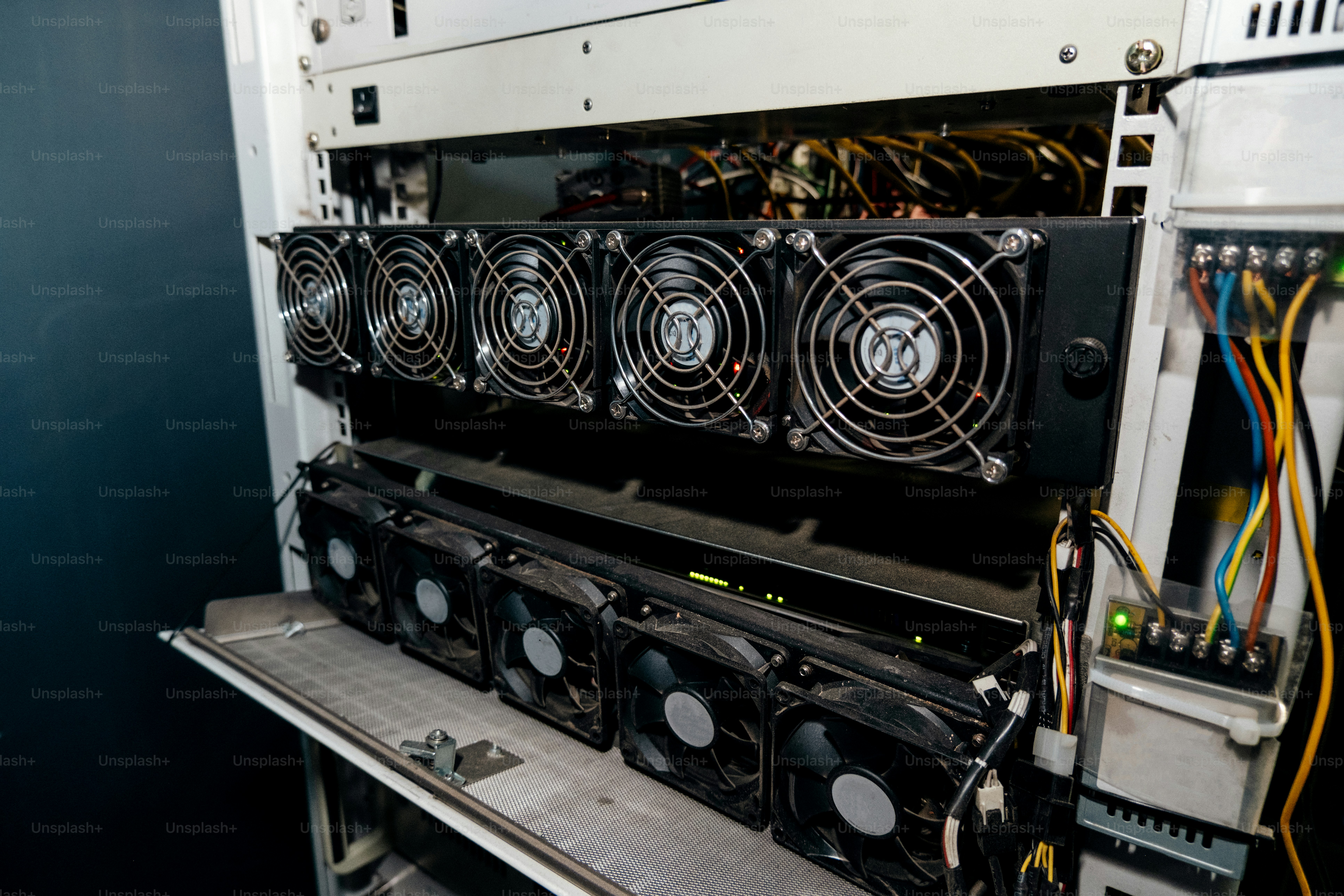 Industrial cooling fans in a server cabinet