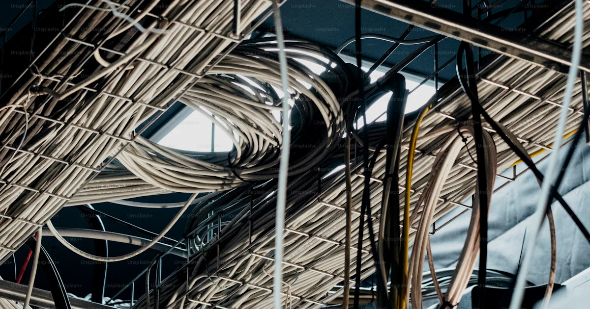 Locked Data Center Rack Complex network of cables and wires overhead - Photo on Unsplash+