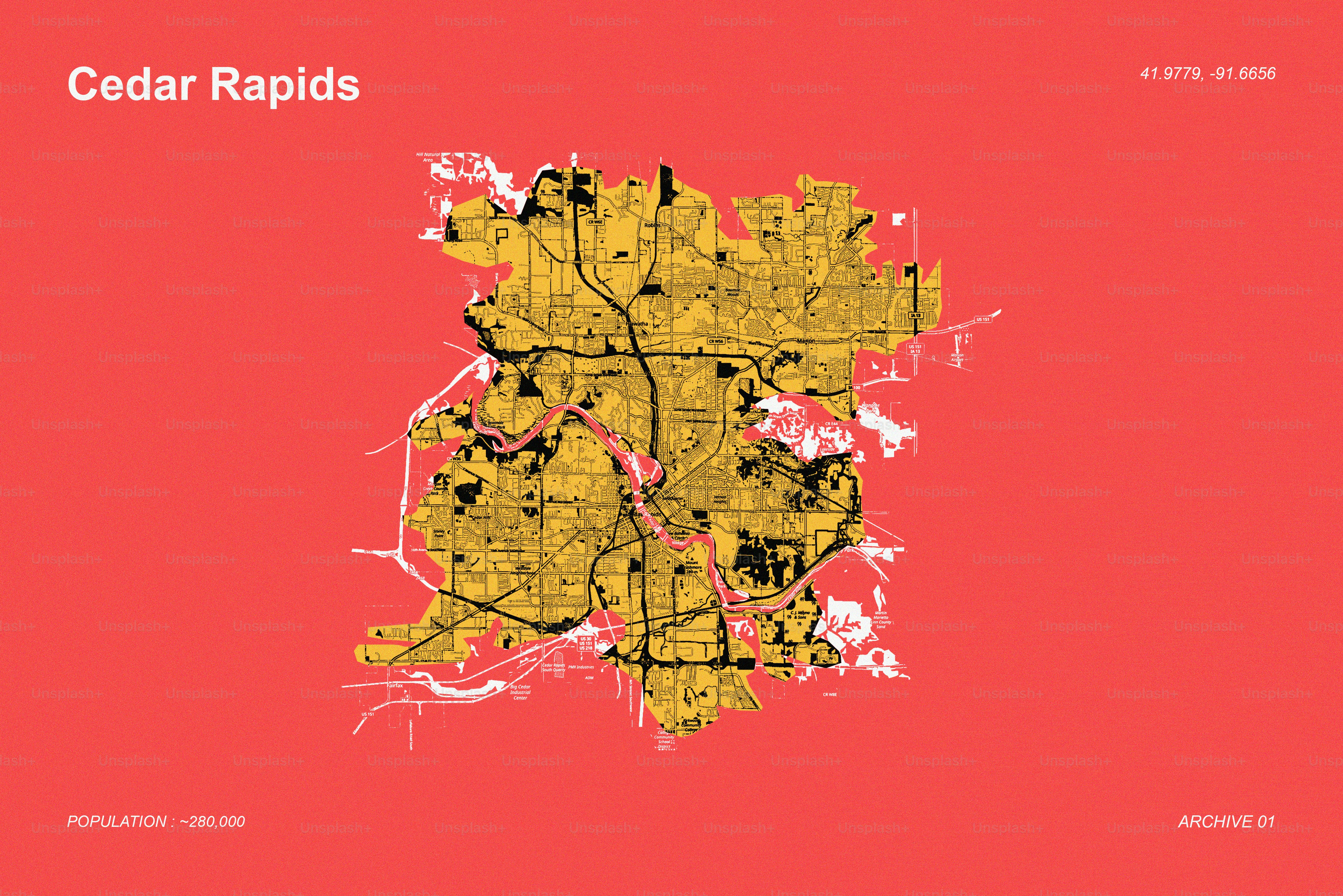 Carte abstraite des rapides de Cedar sur rouge